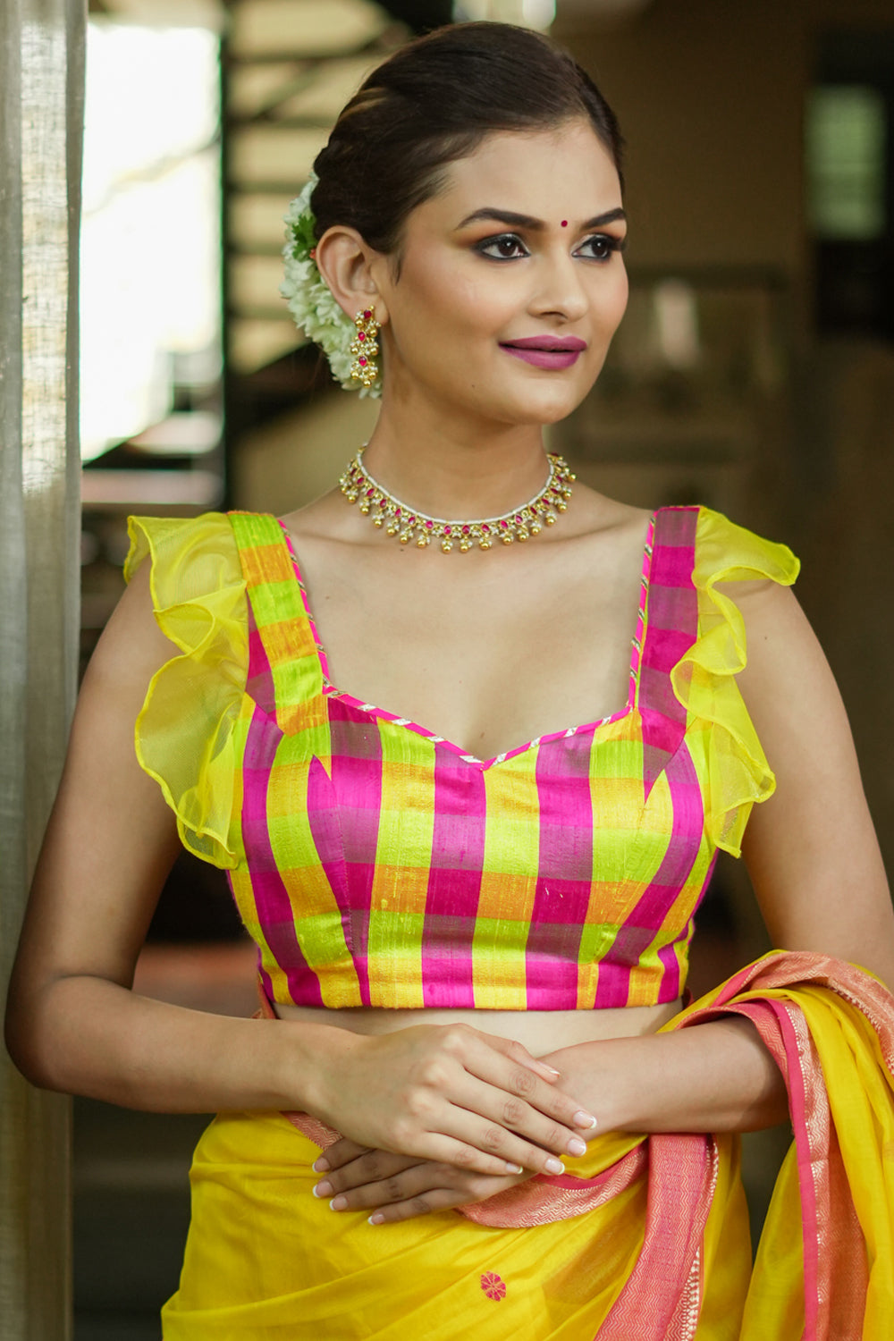 Sunshine yellow and pink checked pure raw silk sweetheart neck blouse