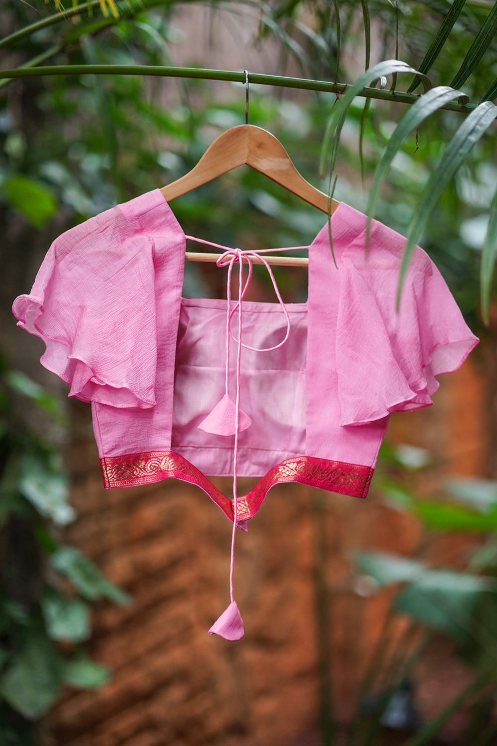 Pink Ruffle Sleeves Blouse in Chiffon with Zari detailing