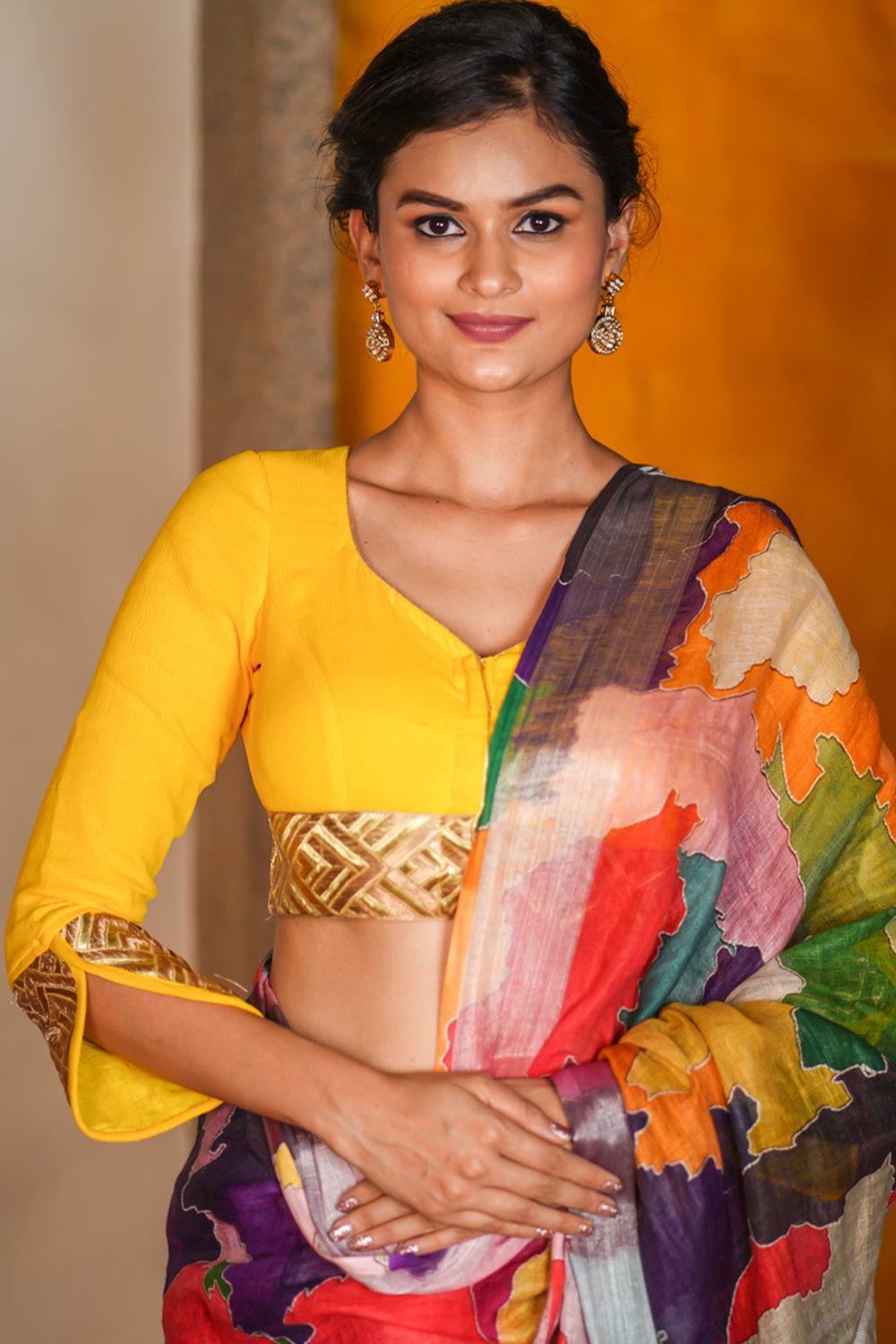 Yellow chiffon blouse with embroidered border detailing