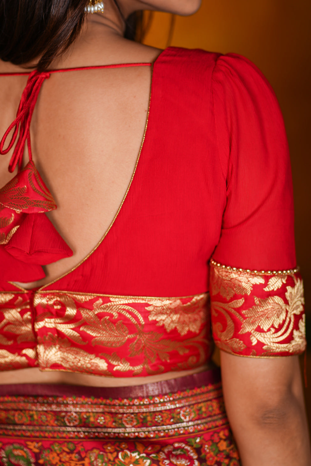 Red  Chiffon Blouse with Brocade detailing