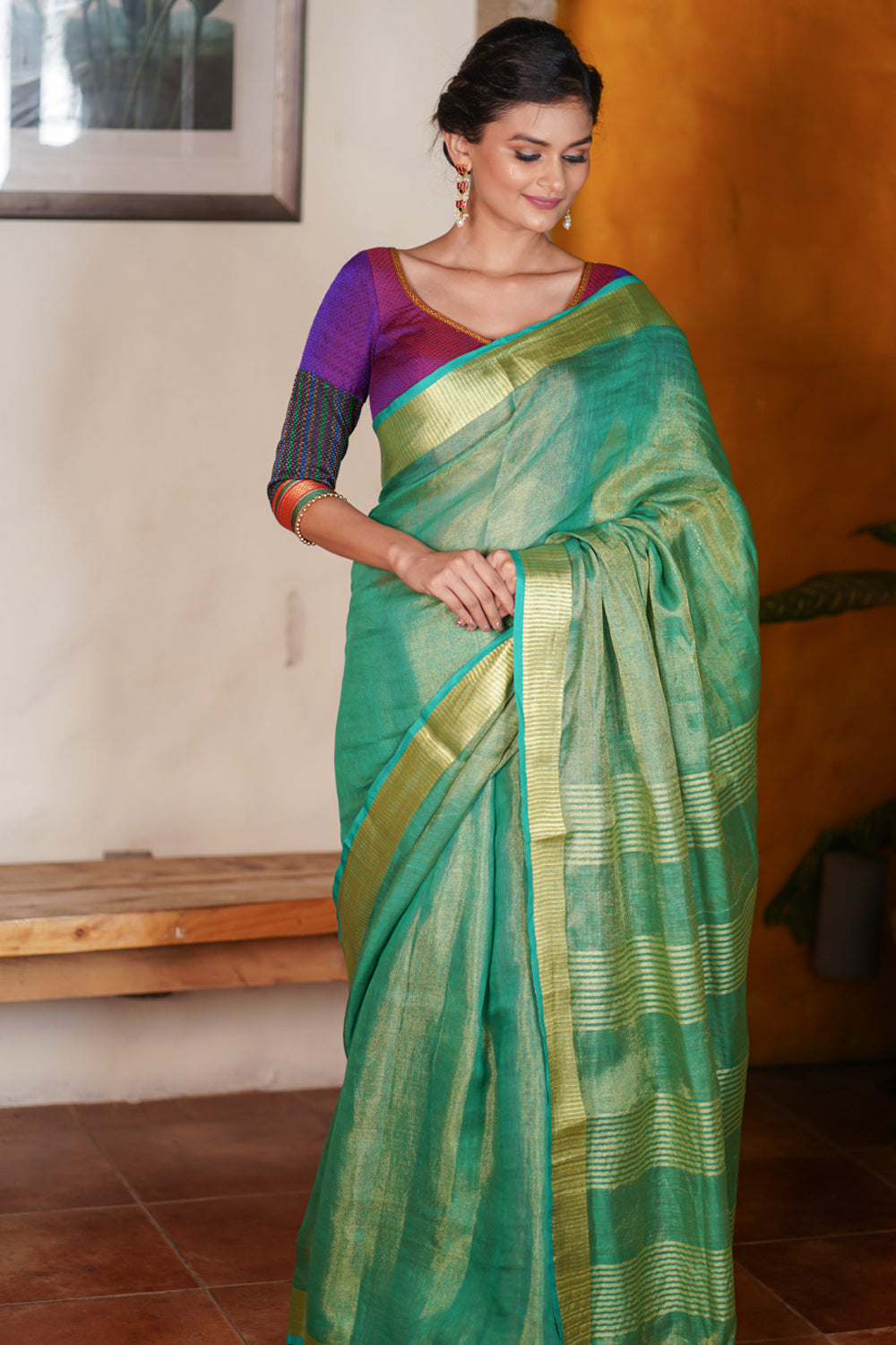 Rama Green and Gold Tissue  Linen Saree