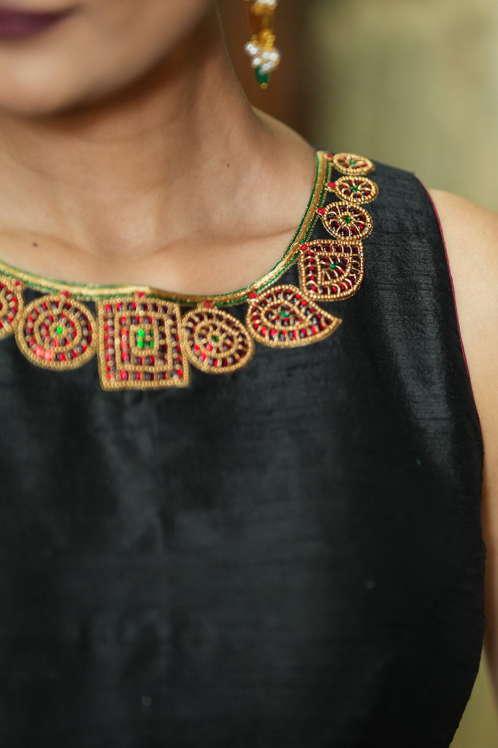Black pure raw silk U neck blouse with beadwork