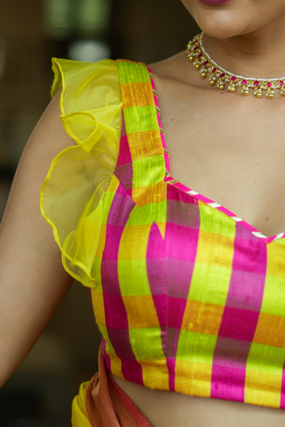 Sunshine yellow and pink checked pure raw silk sweetheart neck blouse