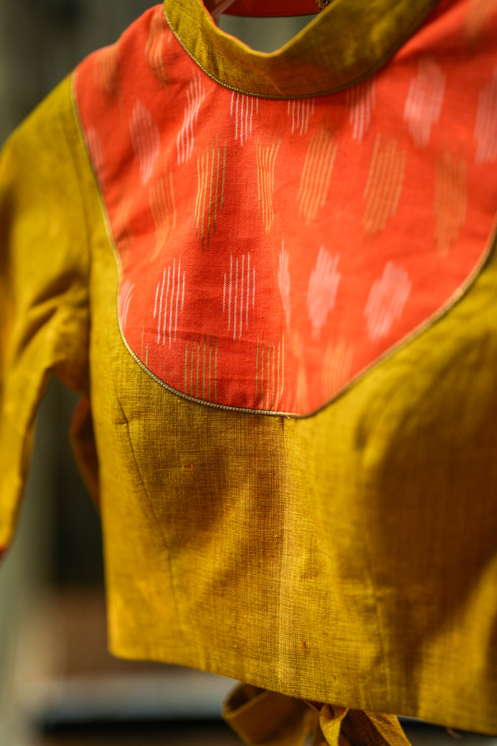 Tangerine and cyber yellow handloom chinese collar blouse with border detailing