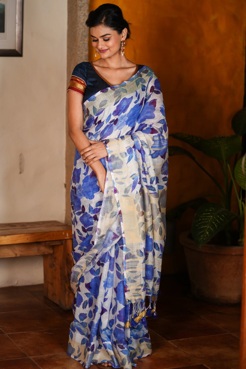 Watercolor Digital Print Linen saree in Blue