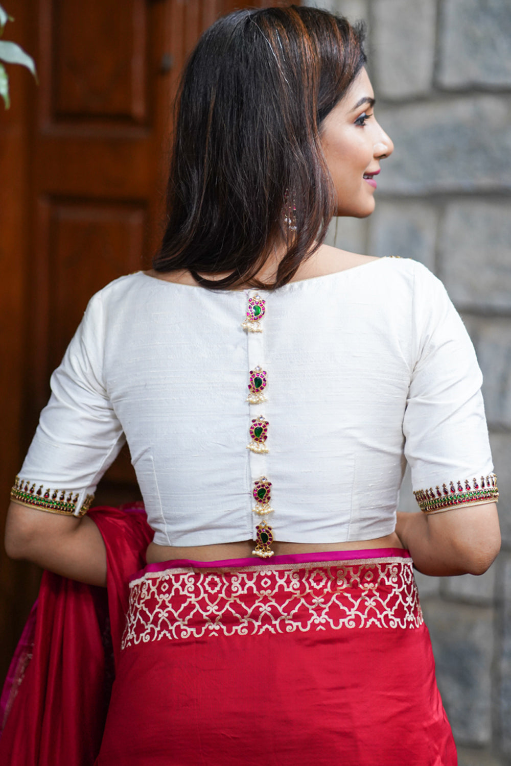 Ivory Pure Raw Silk Blouse with Kemp work detailing on boat neck and Jadau back buttons