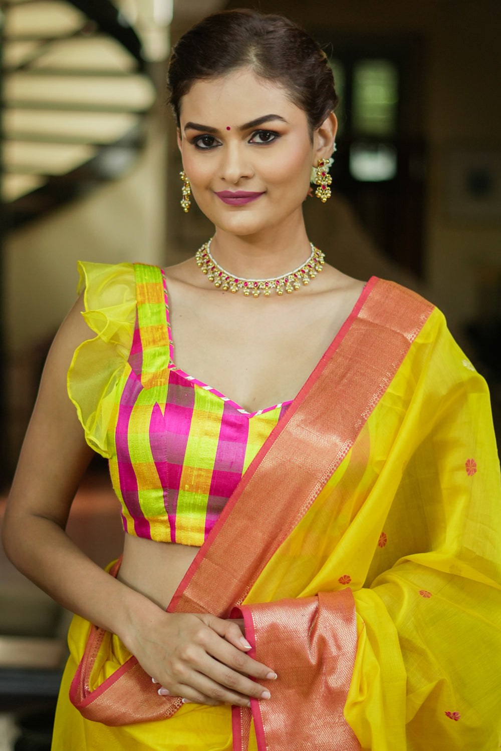 Sunshine yellow and pink checked pure raw silk sweetheart neck blouse