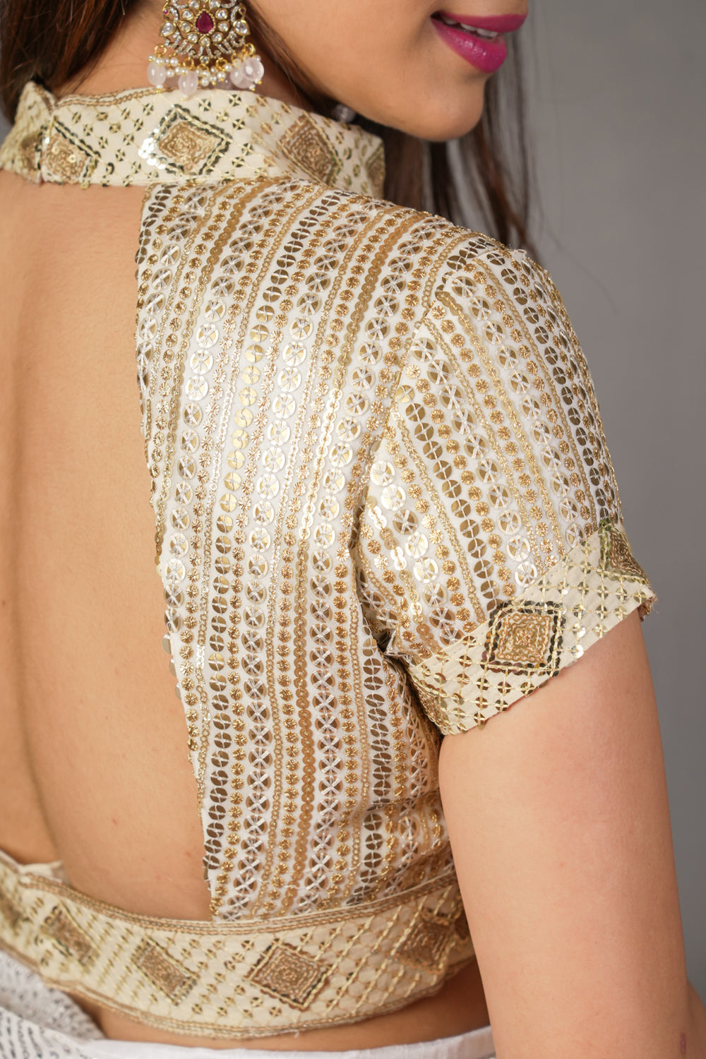Off white georgette gold sequin chinese collar blouse