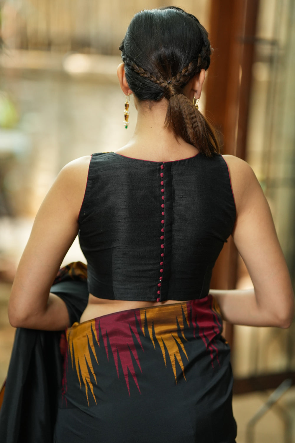 Black pure raw silk U neck blouse with beadwork