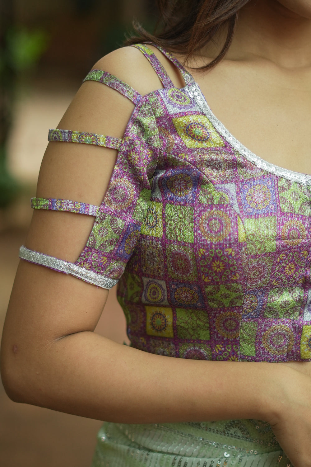 Lavender  multicolour checked silk brocade U neck blouse.