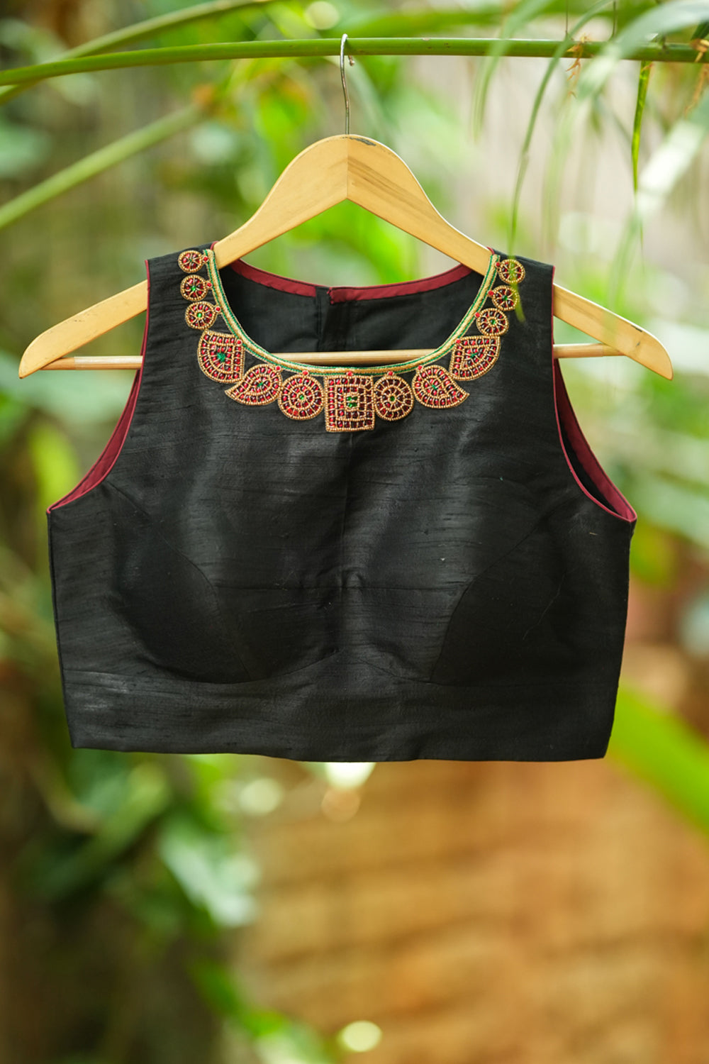 Black pure raw silk U neck blouse with beadwork