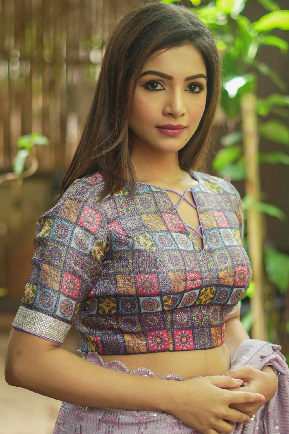 Blue multicolour checked silk brocade close neck blouse