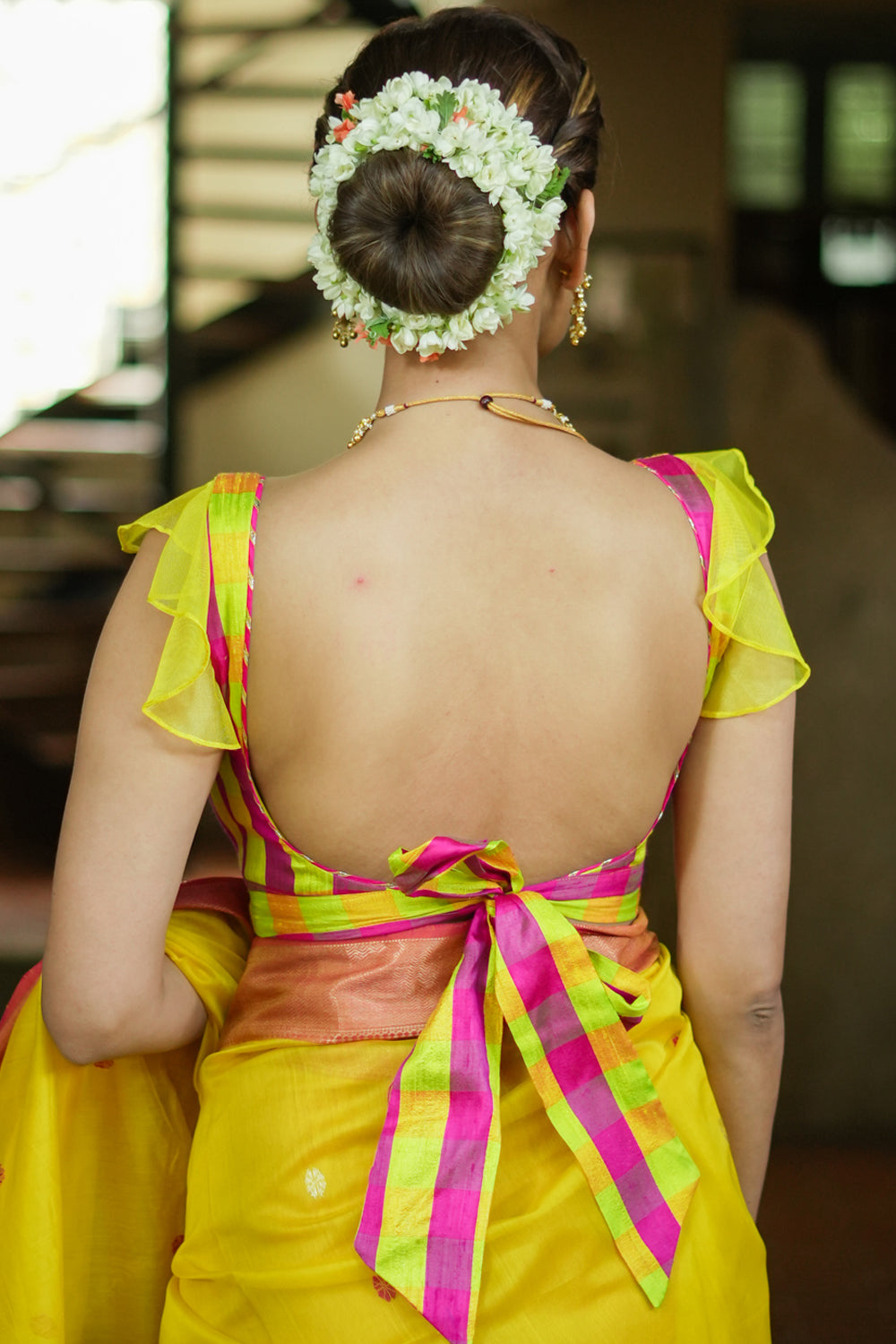 Sunshine yellow and pink checked pure raw silk sweetheart neck blouse