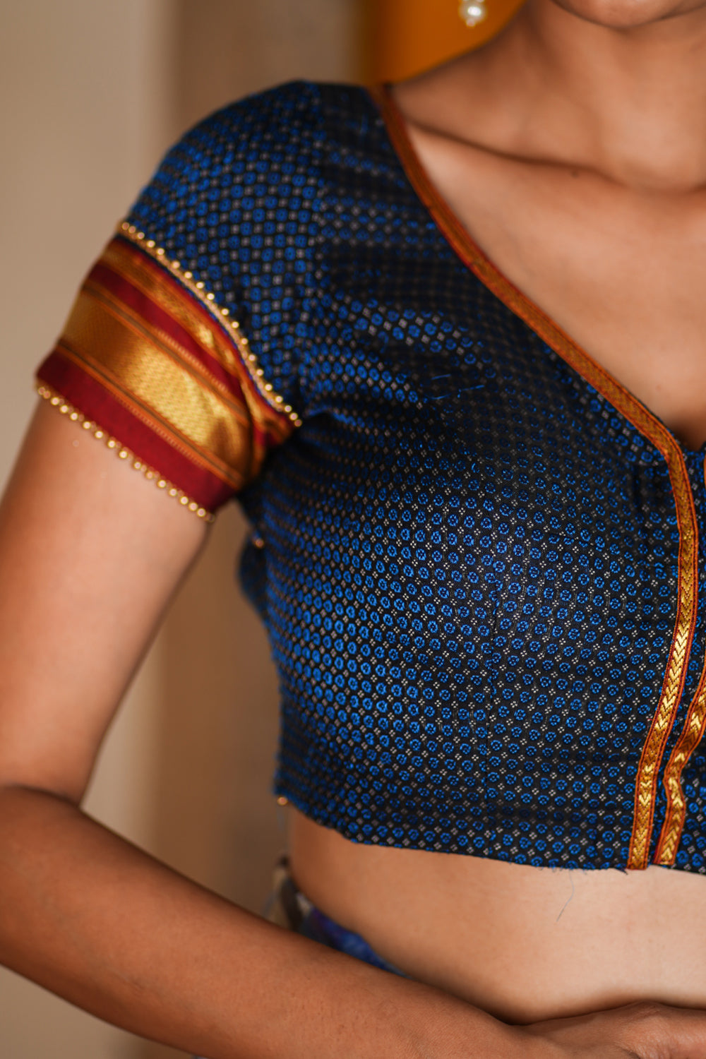 Blue Khun Silk Blouse in Prussian Blue with Diamond Cut backtie design
