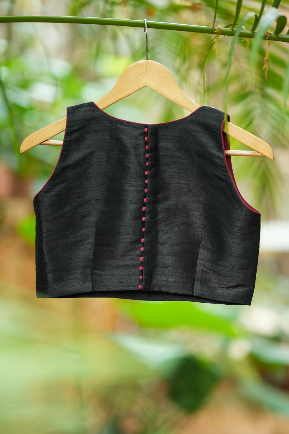 Black pure raw silk U neck blouse with beadwork