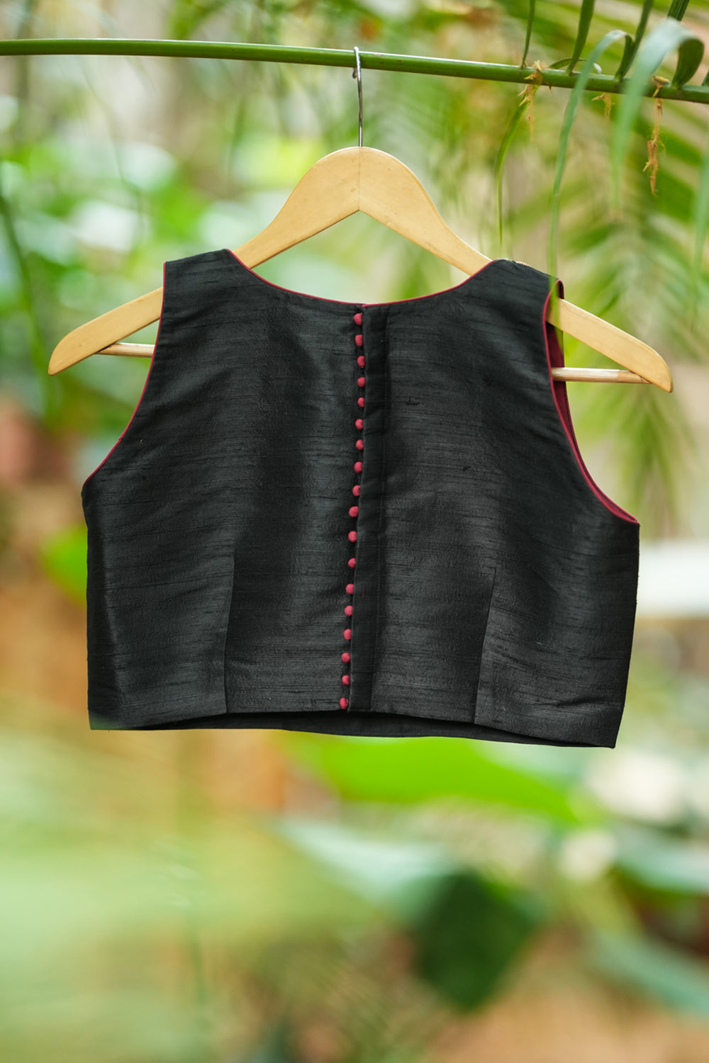 Black  pure raw silk  U neck blouse with beadwork