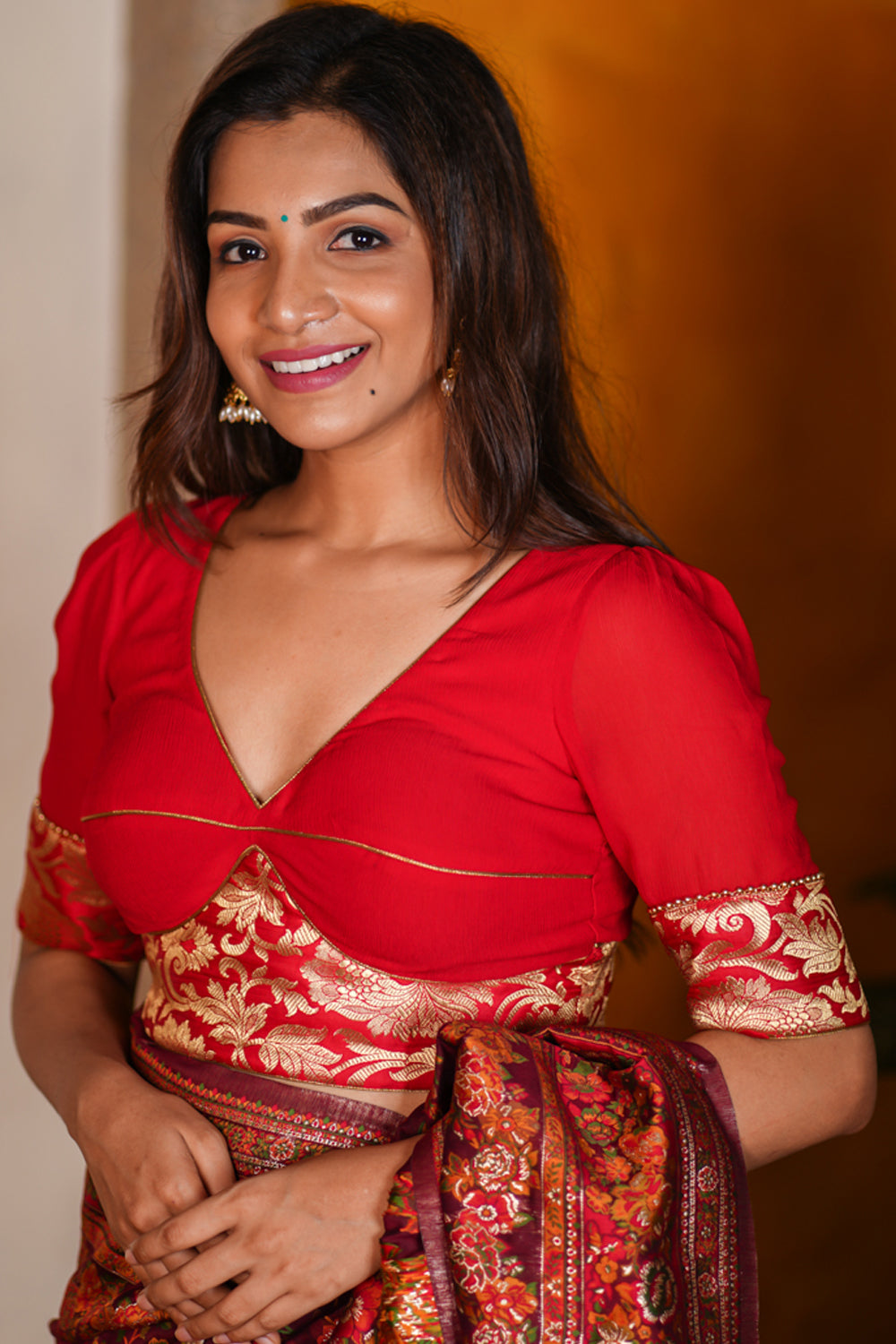 Red  Chiffon Blouse with Brocade detailing