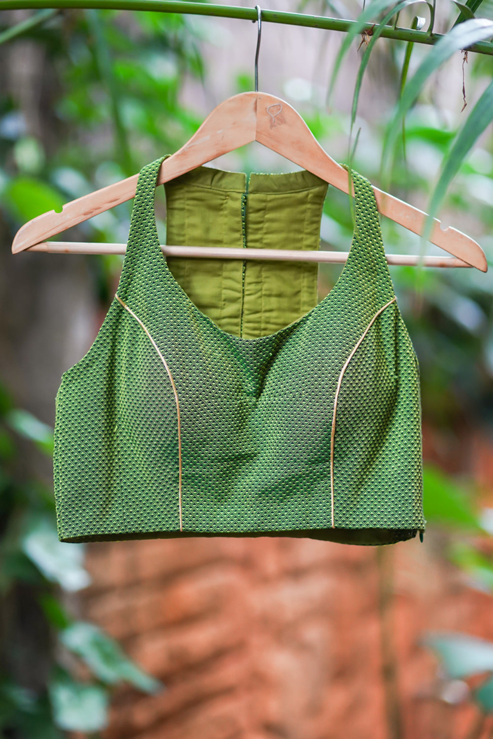 Green Khun Silk Racer Back Blouse with Button Detailing