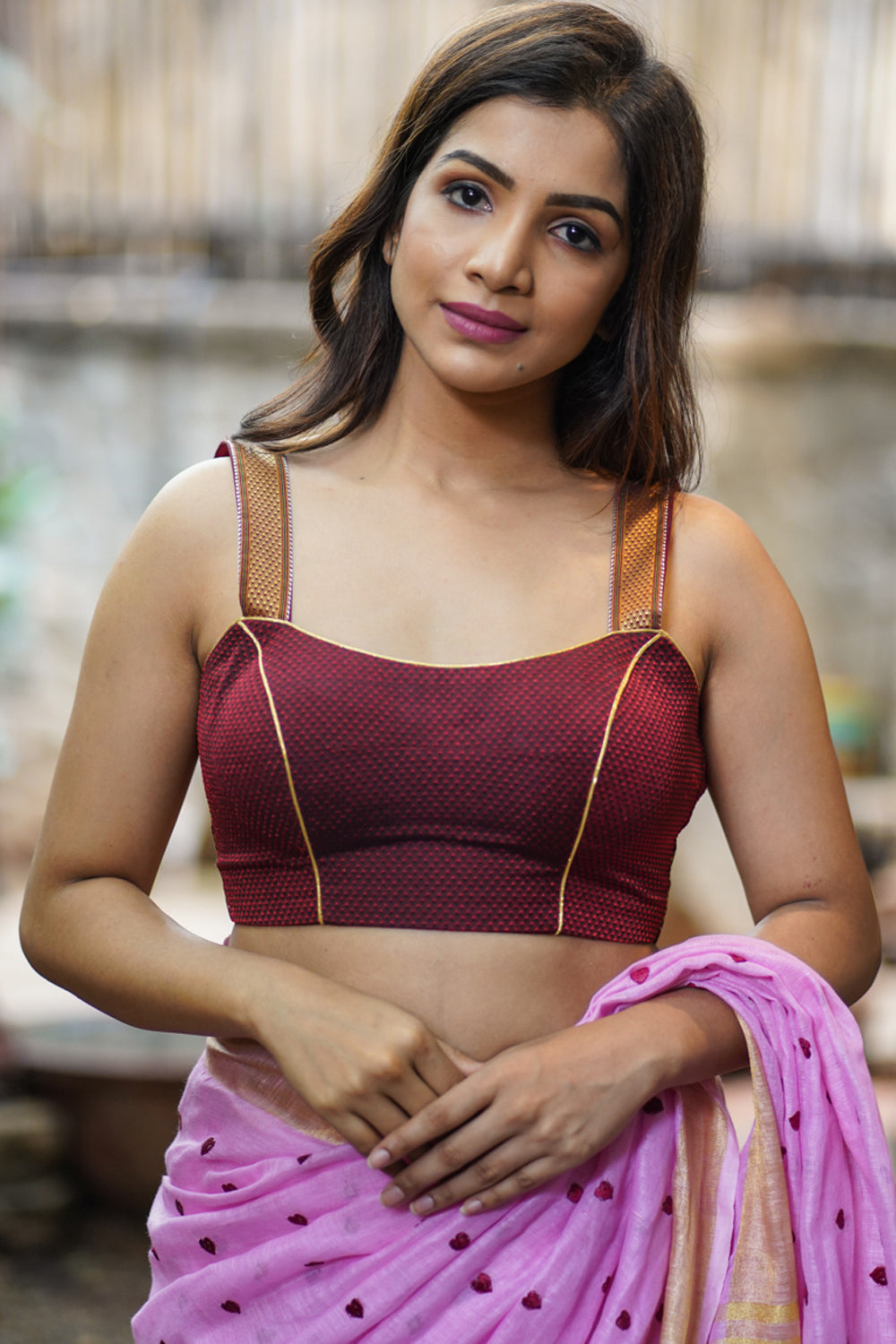 Maroon khana silk sweet heart strappy blouse