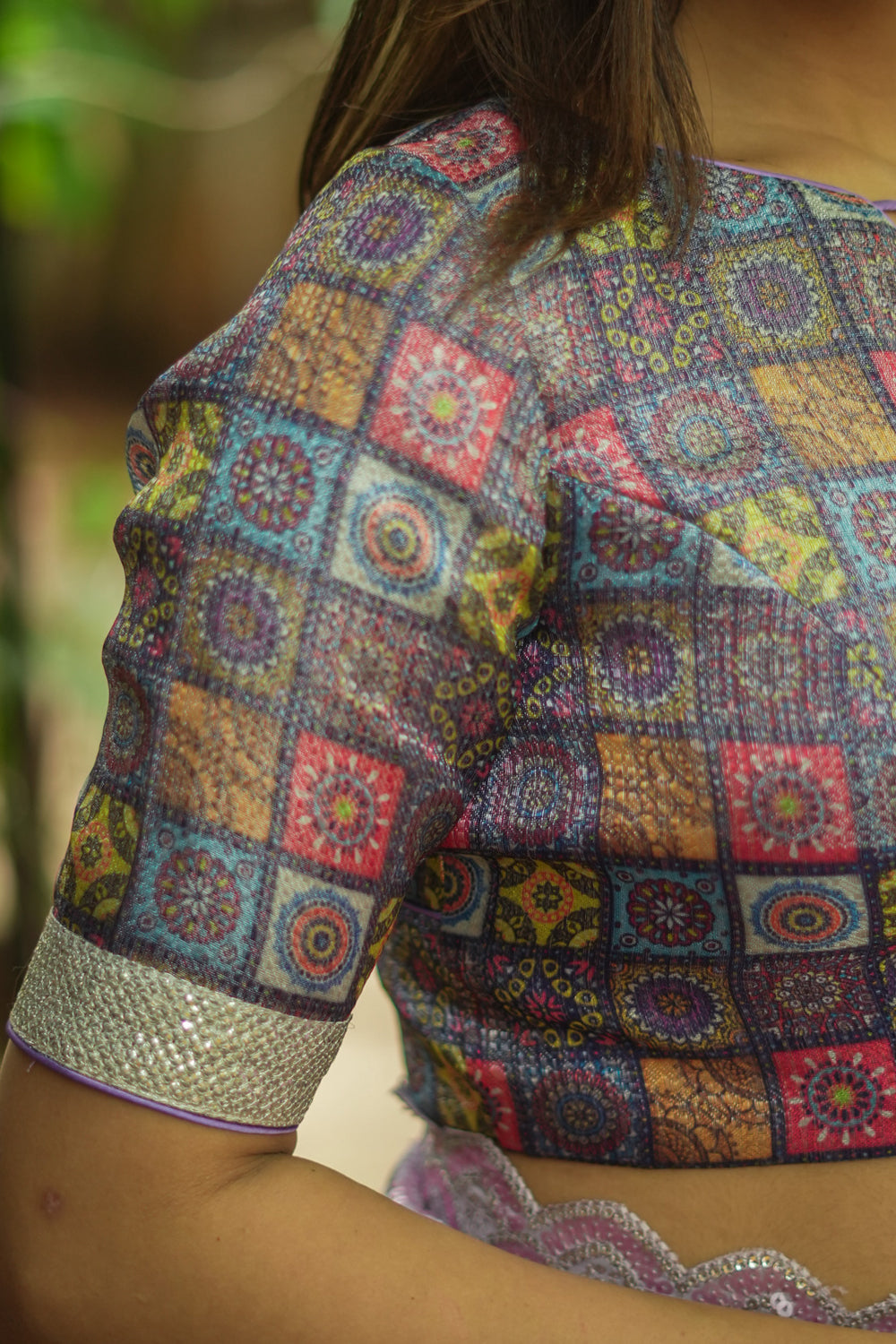 Blue multicolour checked silk brocade close neck blouse