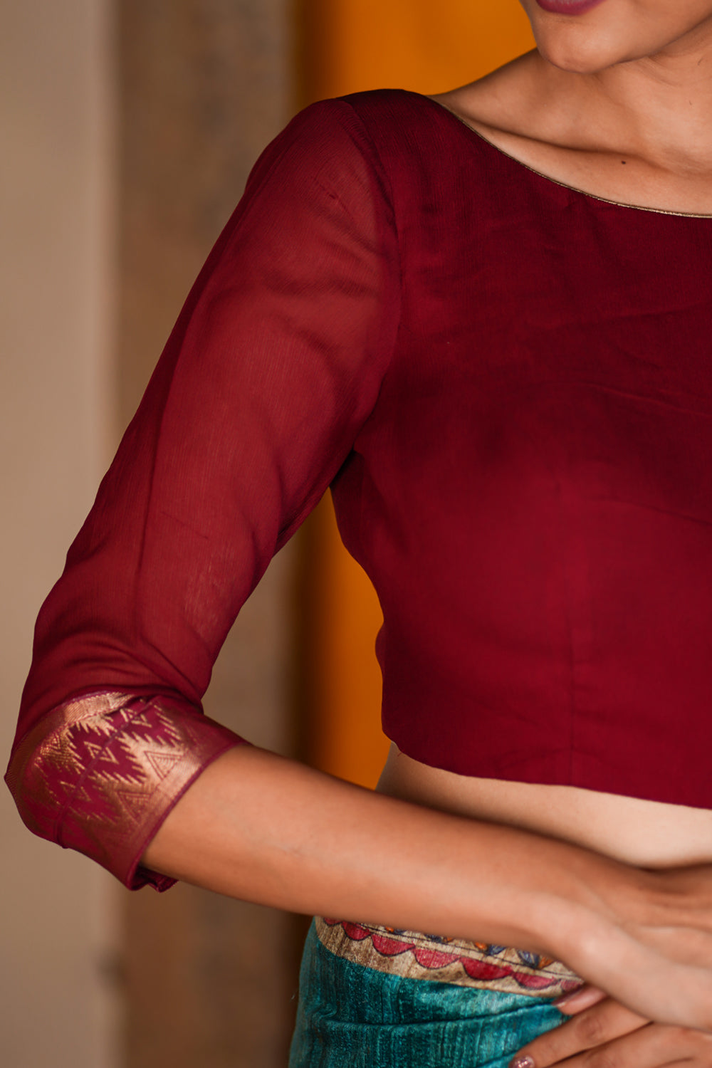 Maroon Boatneck Blouse in Chiffon with zari detailing