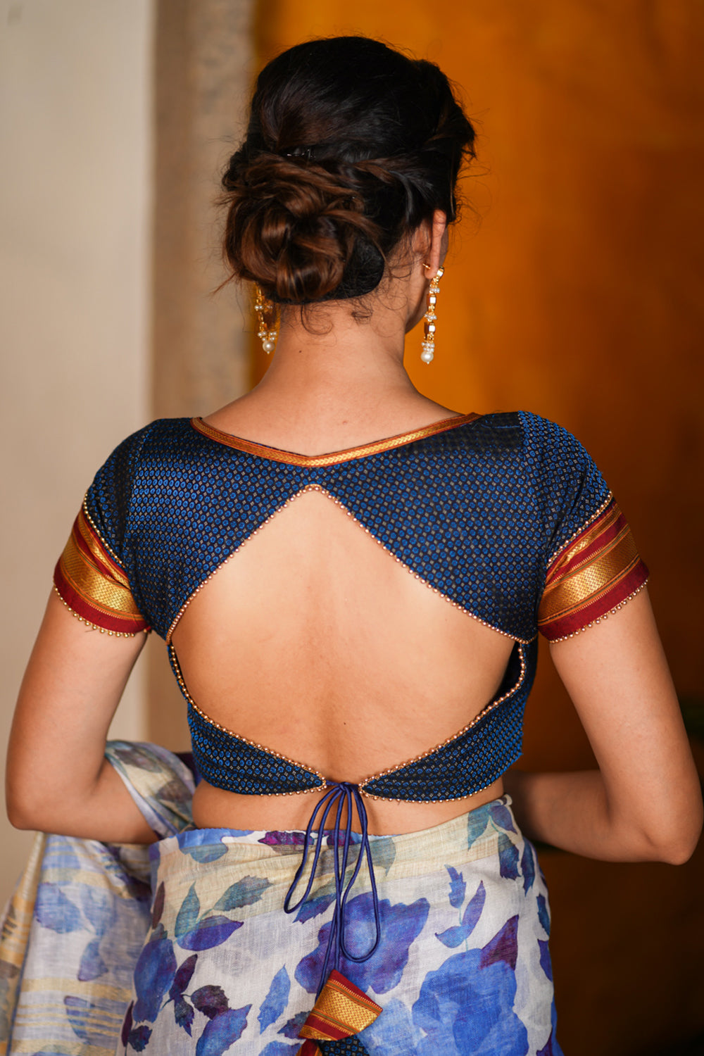 Blue Khun Silk Blouse in Prussian Blue with Diamond Cut backtie design