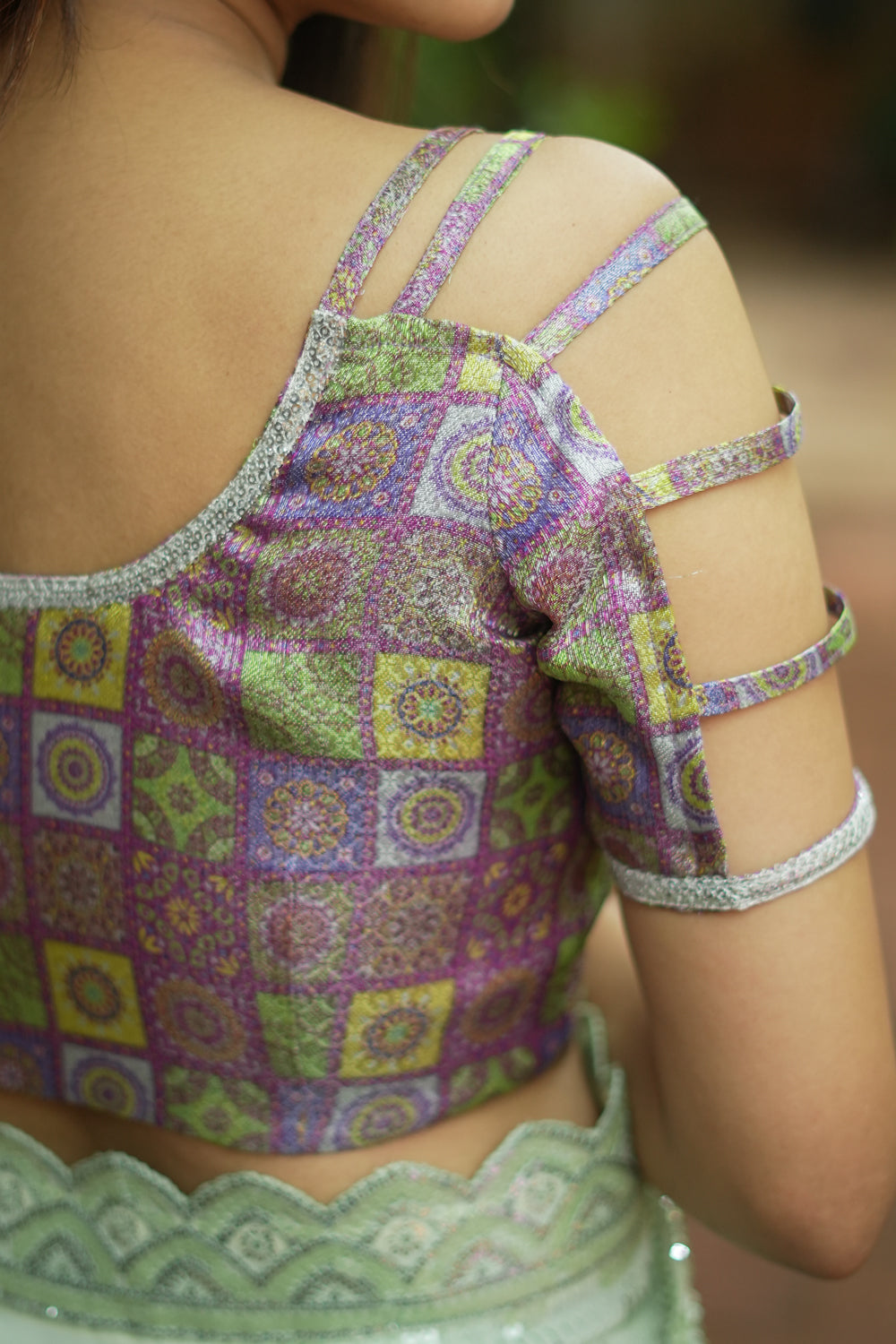 Lavender  multicolour checked silk brocade U neck blouse.