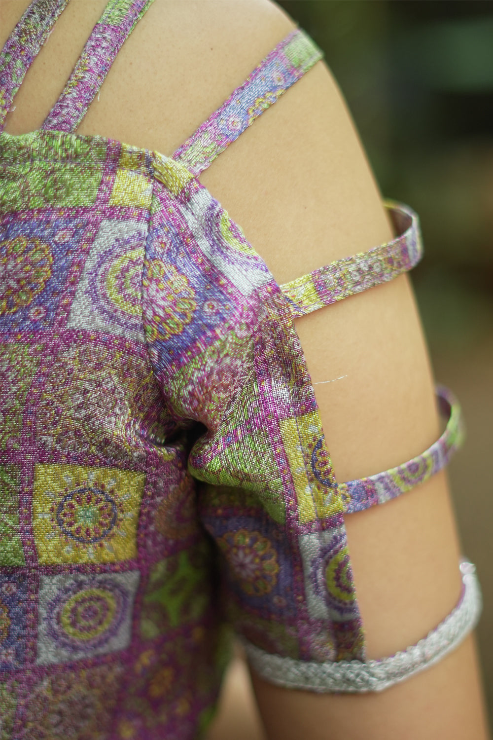 Lavender  multicolour checked silk brocade U neck blouse.