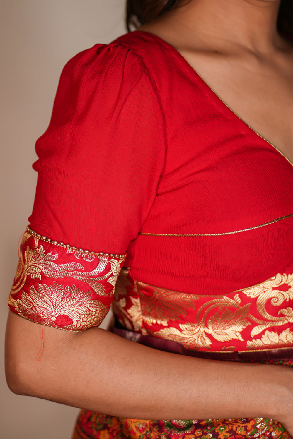 Red  Chiffon Blouse with Brocade detailing