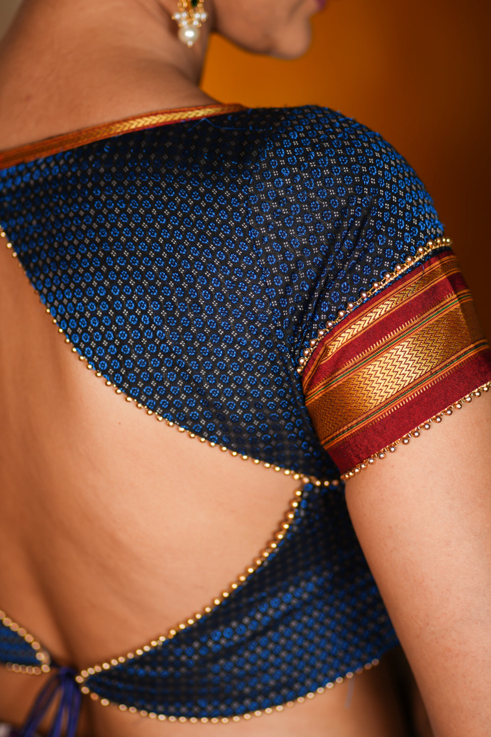 Blue Khun Silk Blouse in Prussian Blue with Diamond Cut backtie design