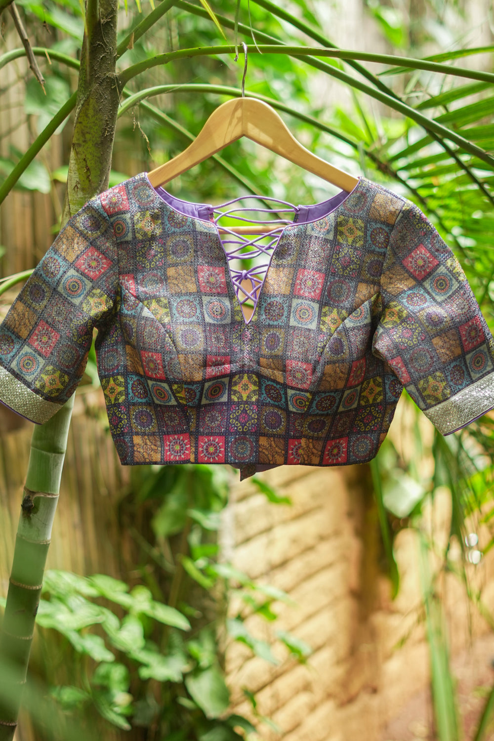Blue multicolour checked silk brocade close neck blouse
