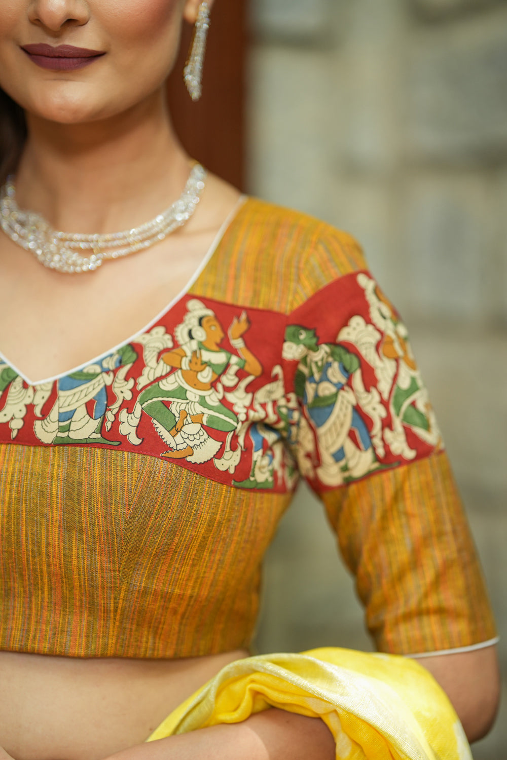 Honey brown handloom V neck blouse with handpainted kalamkari band