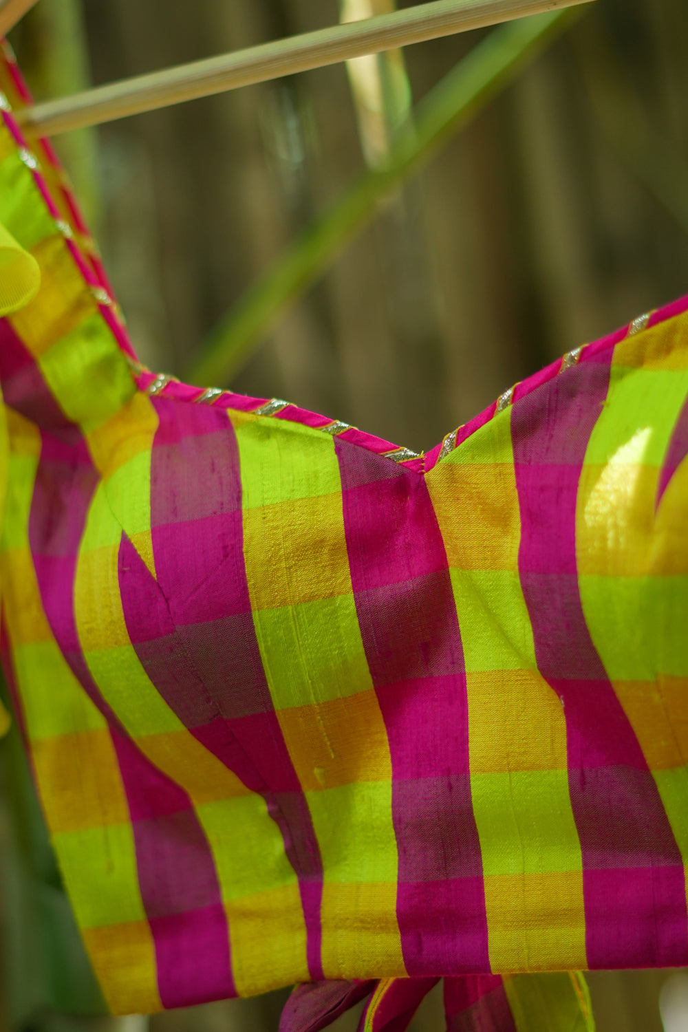 Sunshine yellow and pink checked pure raw silk sweetheart neck blouse