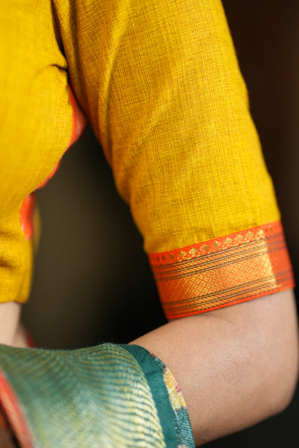 Tangerine and cyber yellow handloom chinese collar blouse with border detailing