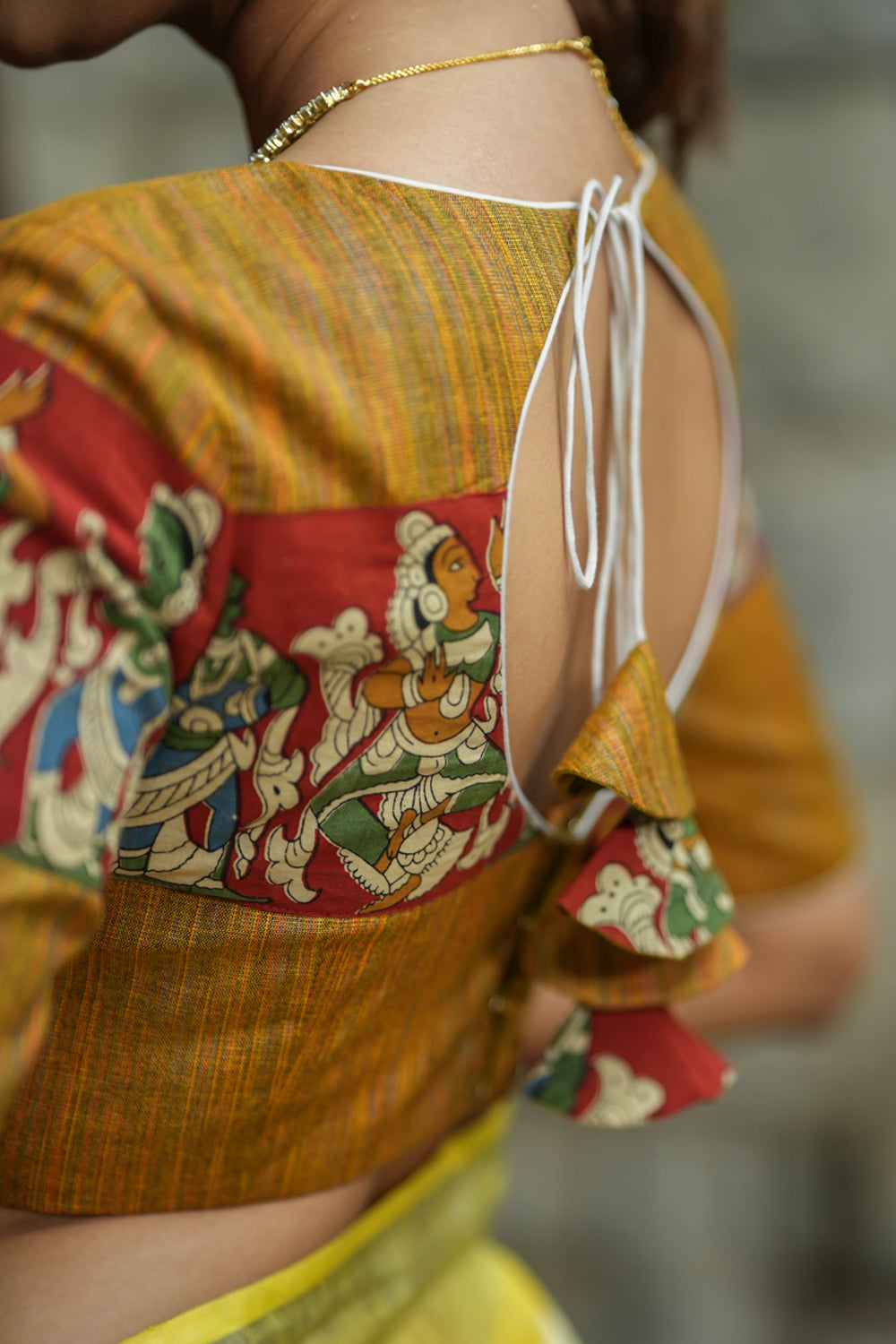 Honey brown handloom V neck blouse with handpainted kalamkari band