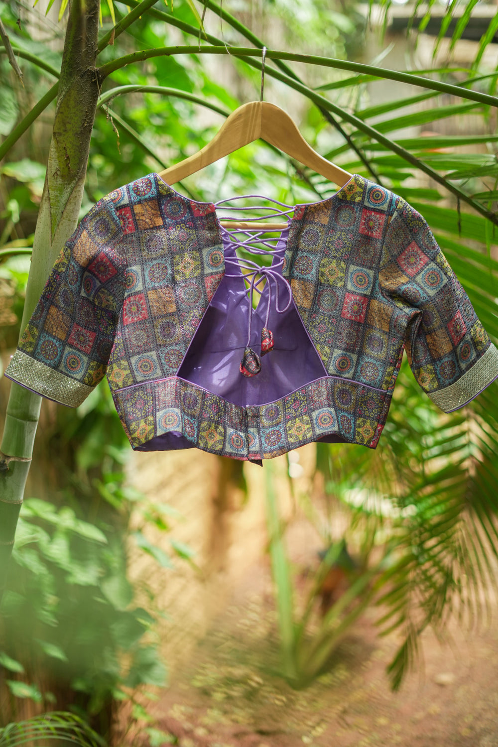 Blue multicolour checked silk brocade close neck blouse