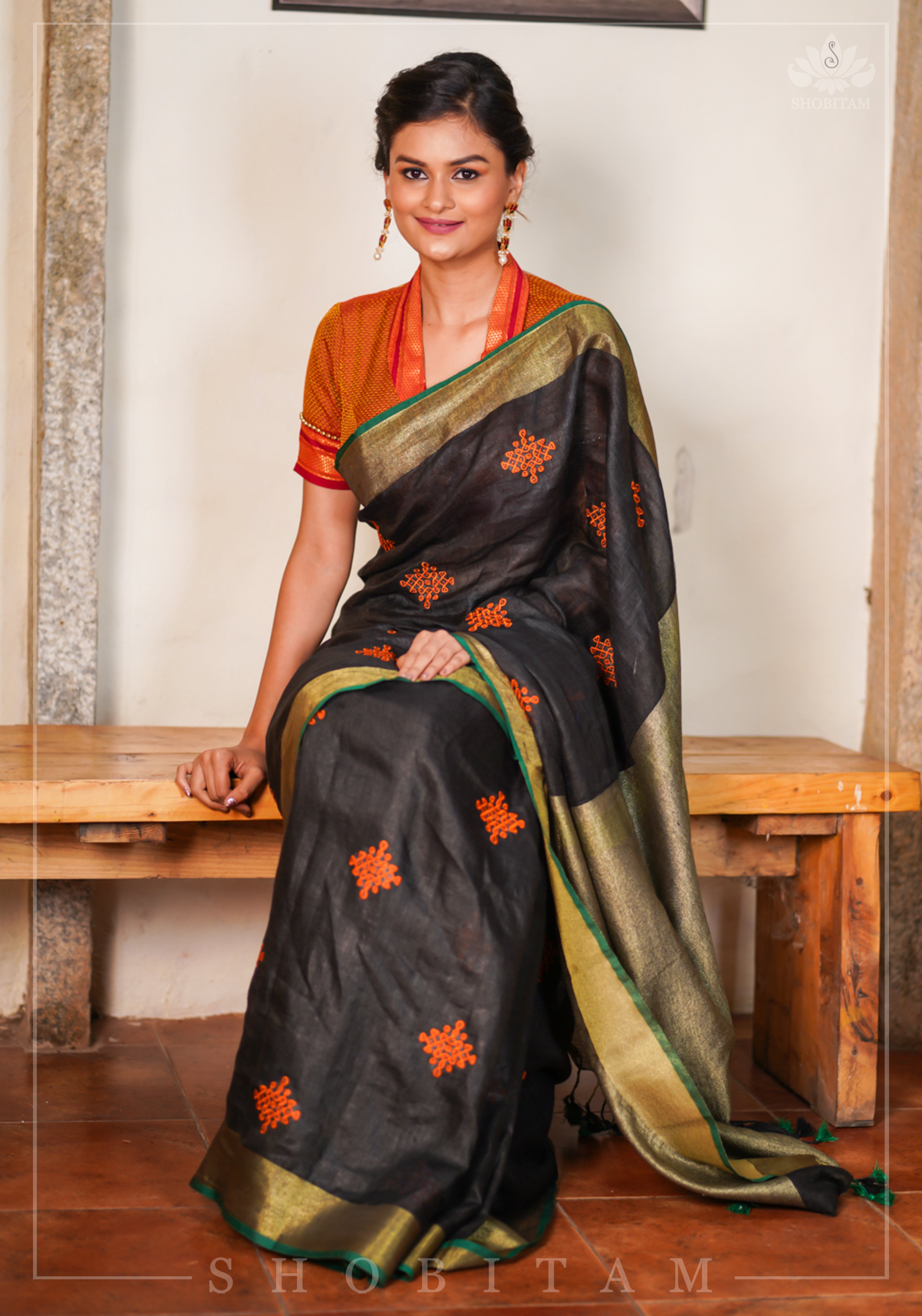 Black Linen by Linen Saree with Vermillion Rangoli Embroidery
