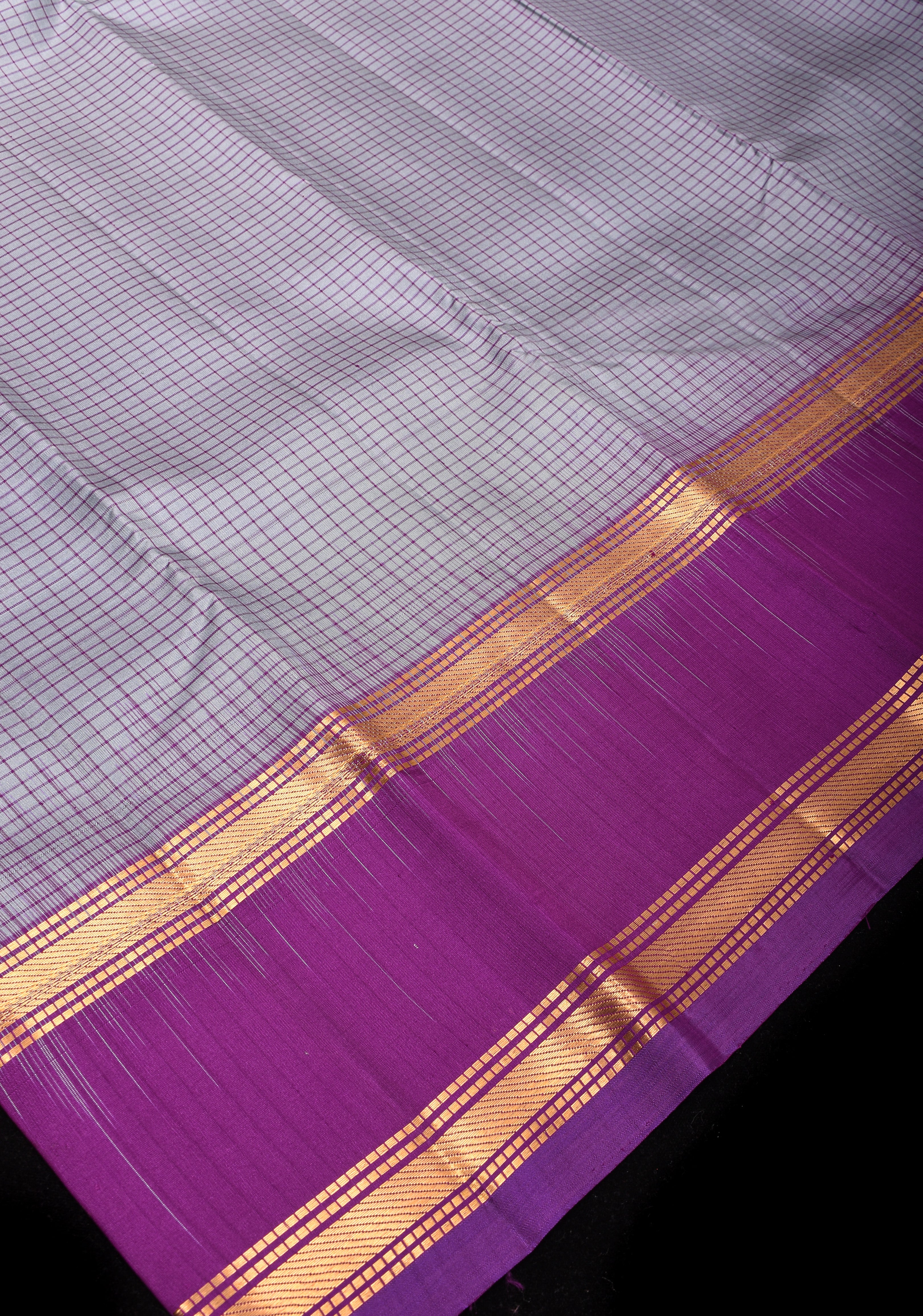 Gray Pure Kanjeevaram Soft Silk Saree with Checks and Contrast Purple Stack Border | SILK MARK CERTIFIED
