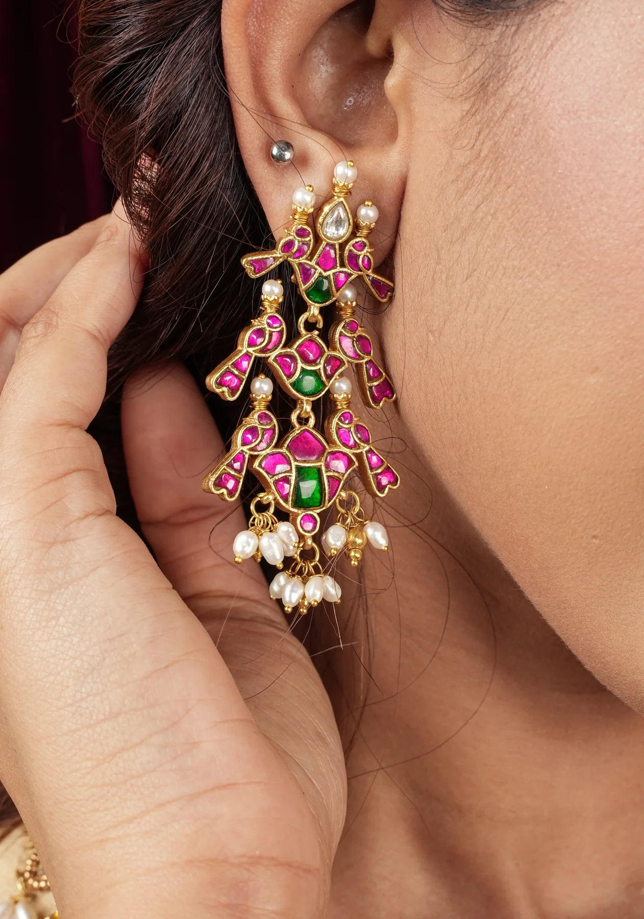 2.75" Layered Pink & Green Stone Peacock Earrings with Dangling White Beads