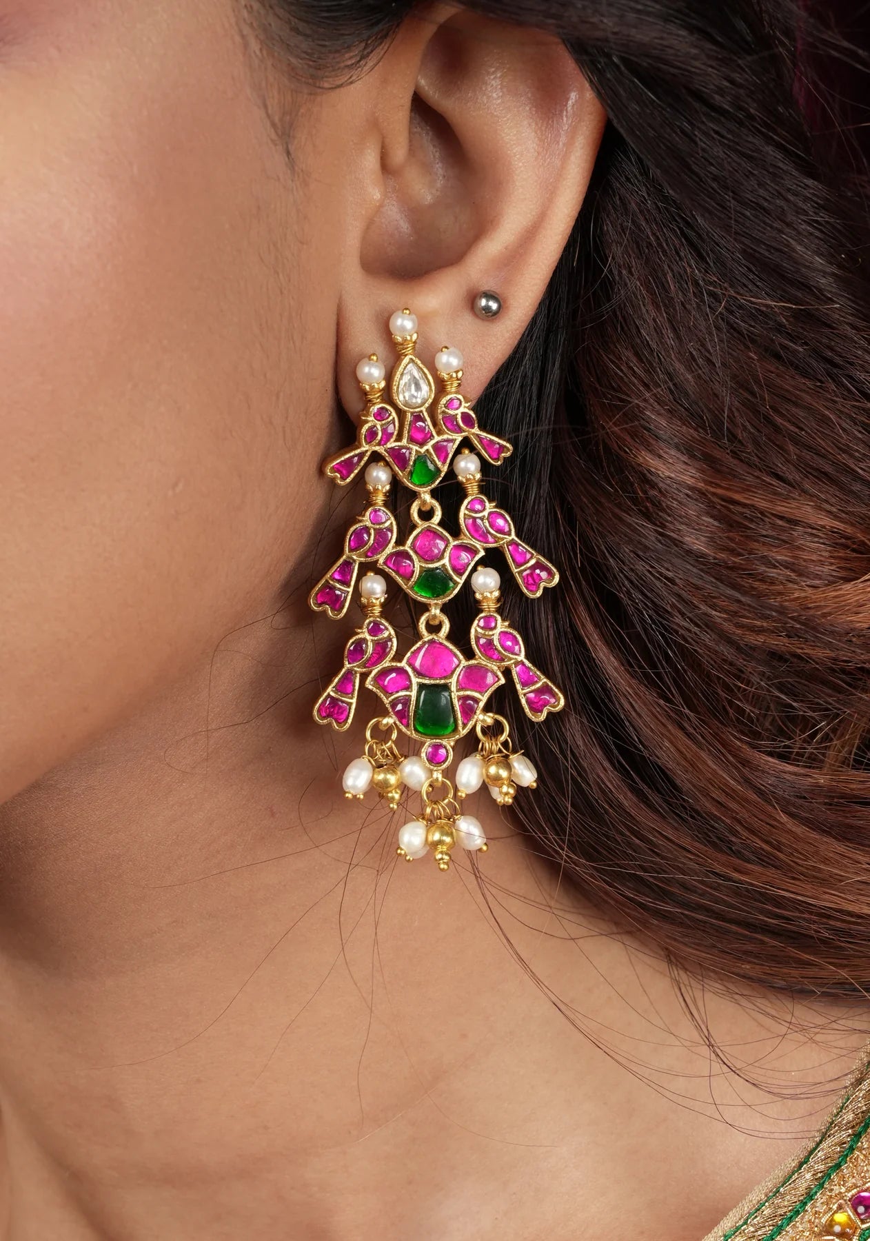 2.75" Layered Pink & Green Stone Peacock Earrings with Dangling White Beads