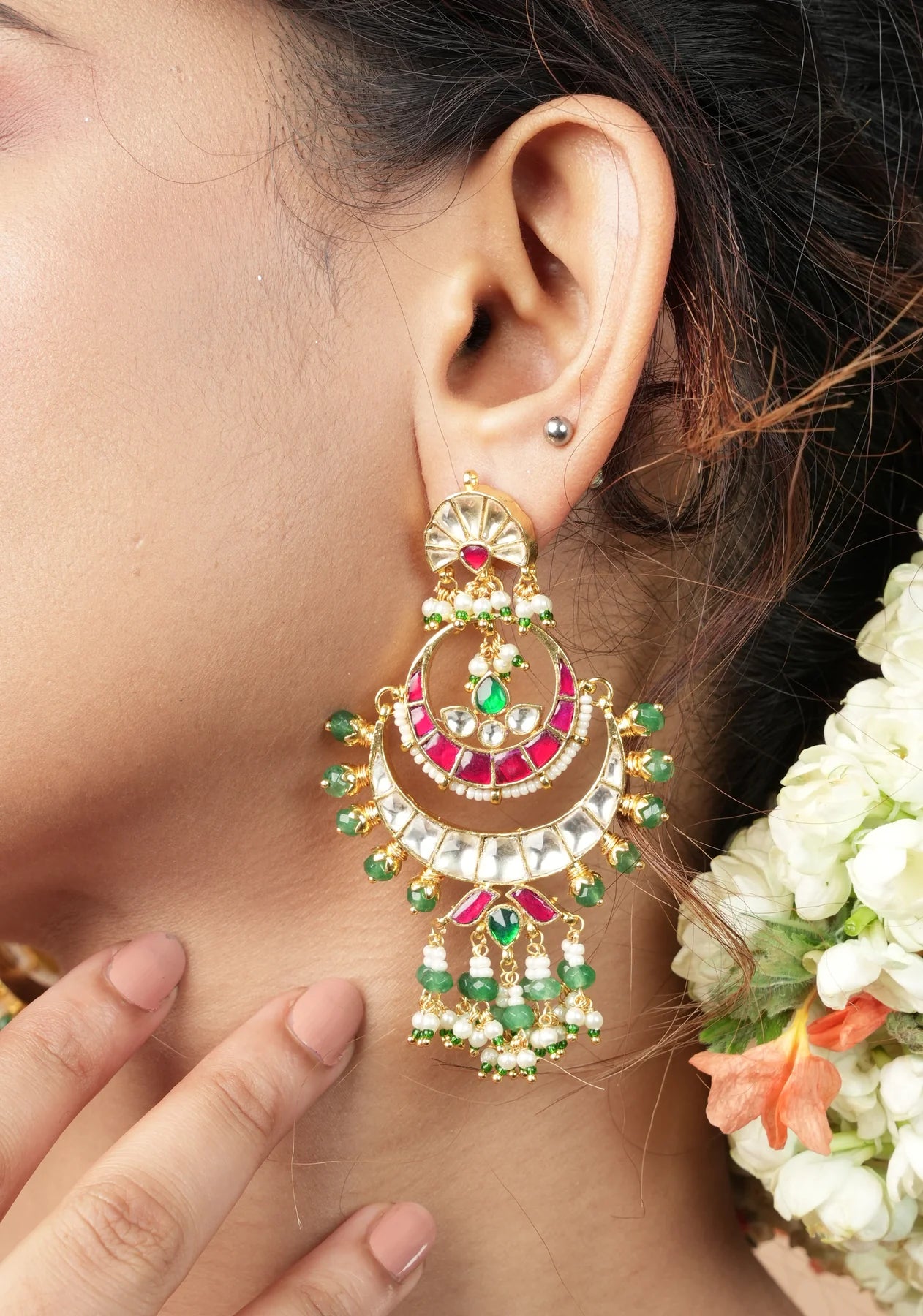 Chandbali Earrings with Red, White and Green Stones embedded in Jadau technique and dangling beads