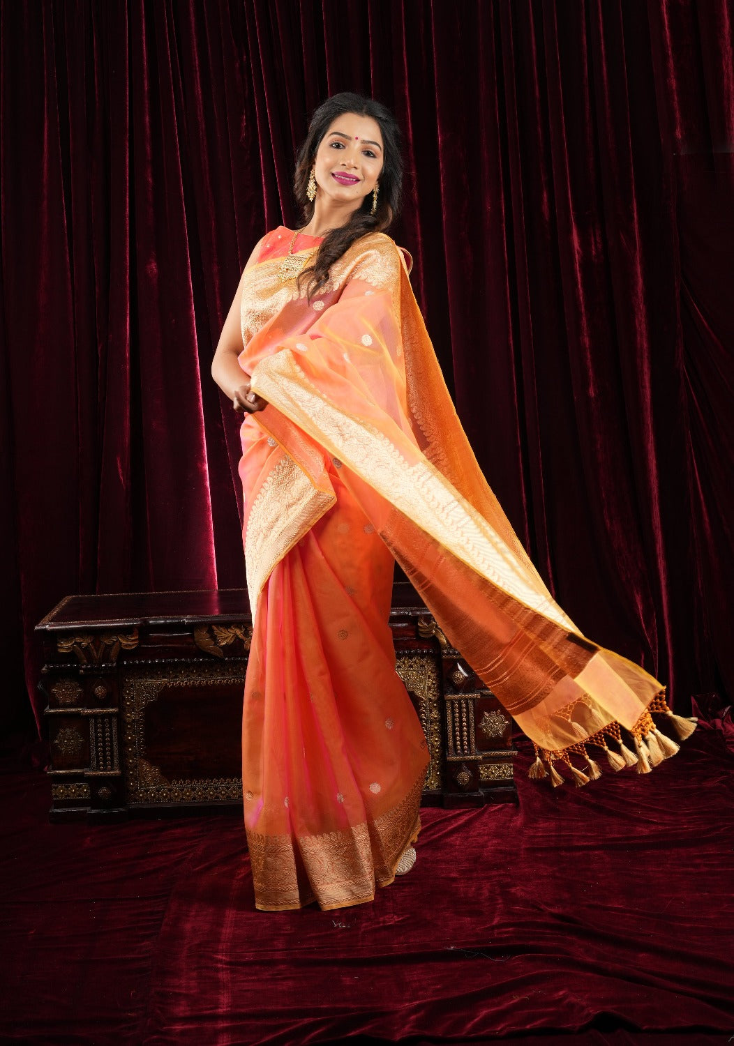 Pink Orange Pure Banarasi Kora Silk Organza Saree with Kadhuwa Weave and Sona RupaButtas | SILK MARK CERTIFIED
