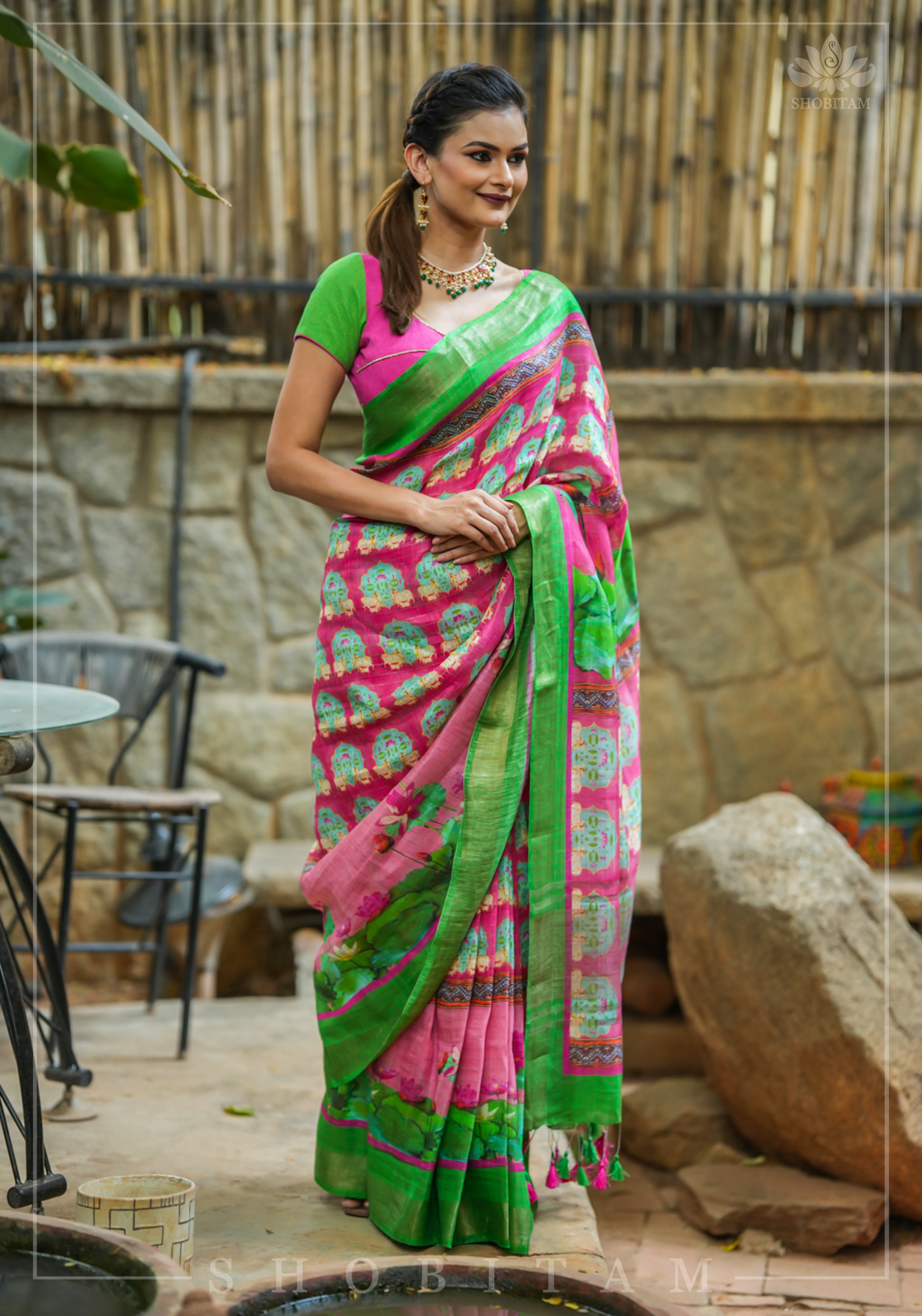Silk Linen Saree with Pichwai Digital Print | Shobitam Saree