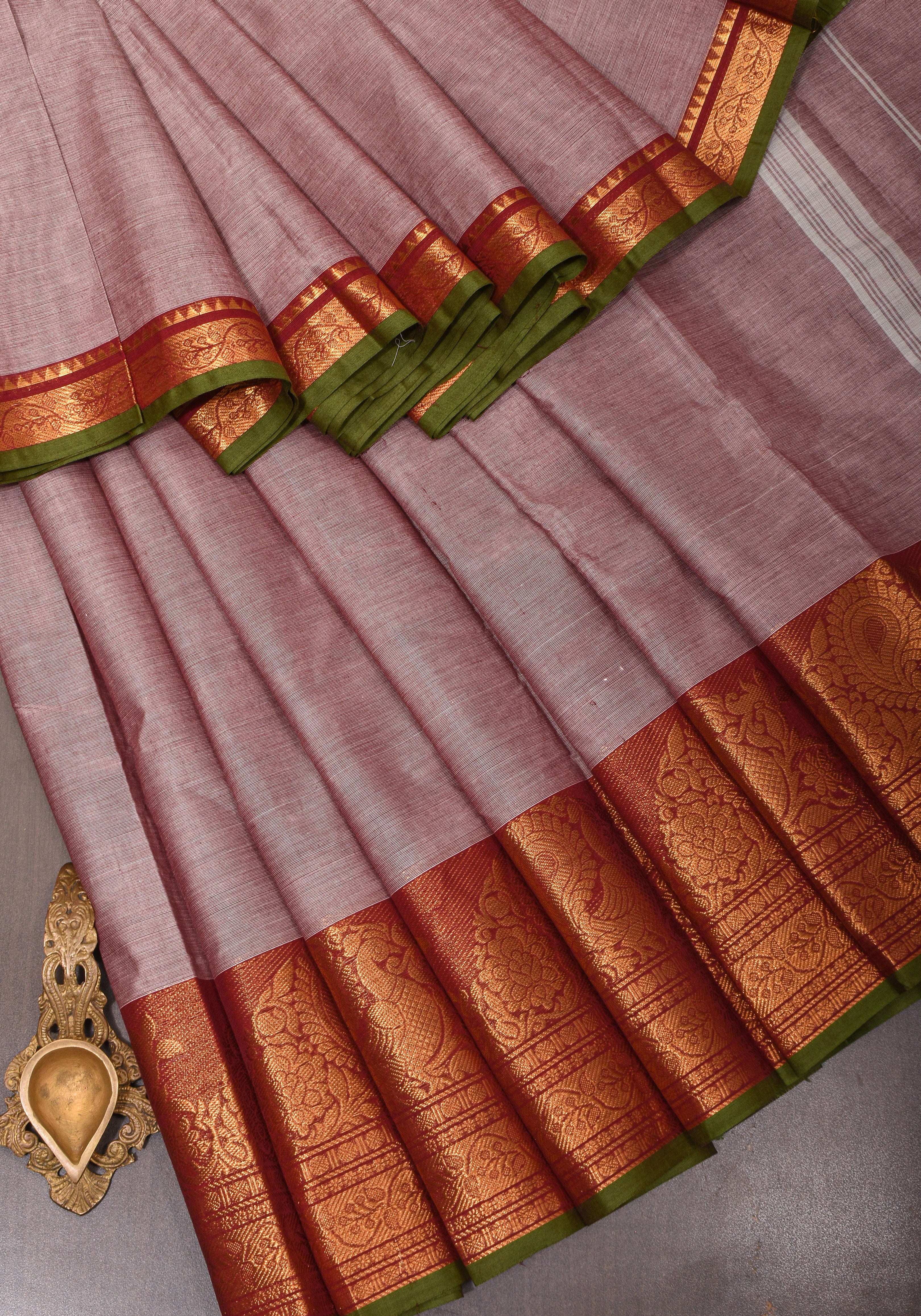 Dusty Rose  Kanchi Cotton Saree with wide zari border on Brown Base, No Blouse piece