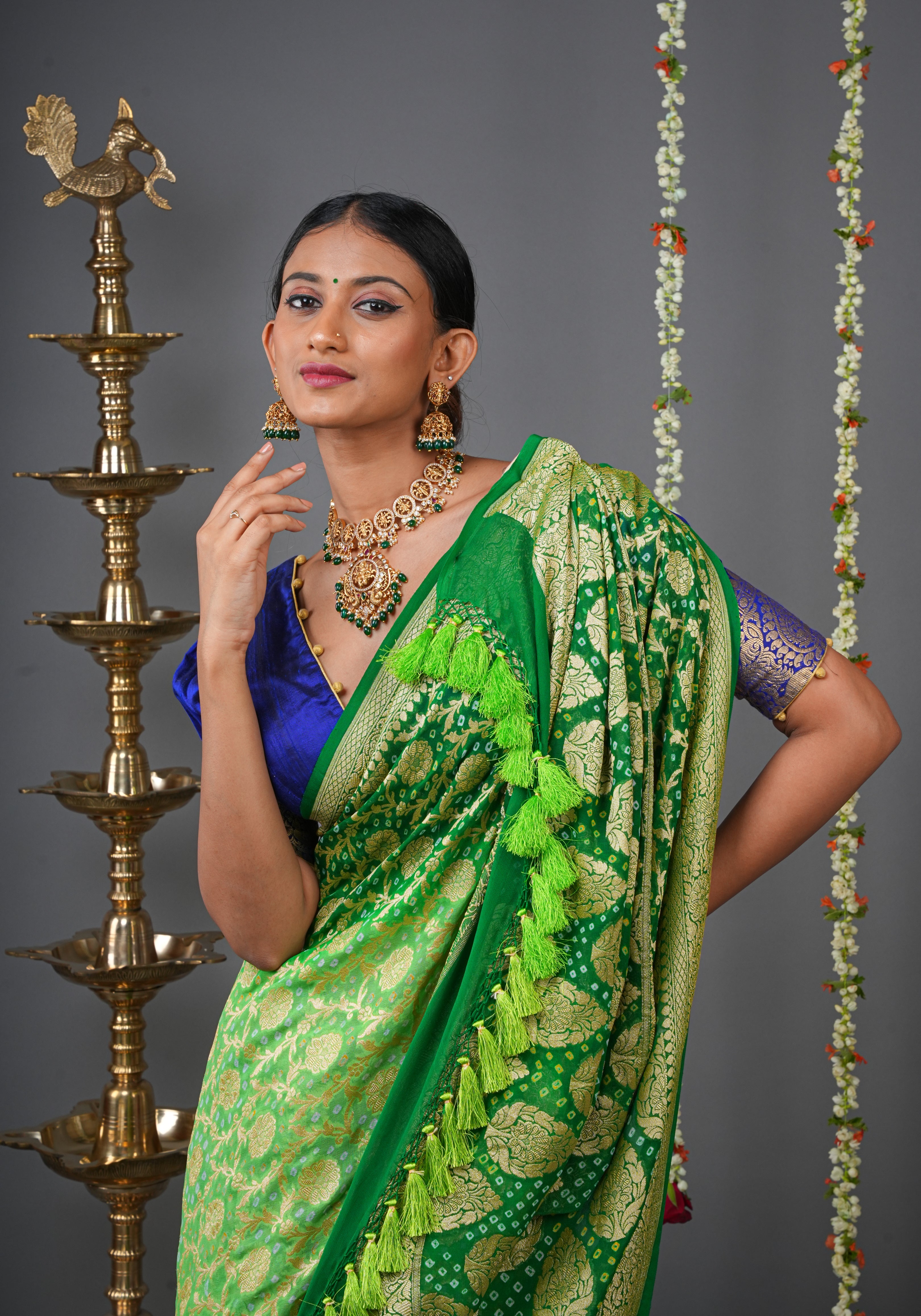 Authentic Hand Bandhej Banarasi Silk Georgette Saree in Ombre shades of Green  | SILK MARK CERTIFIED