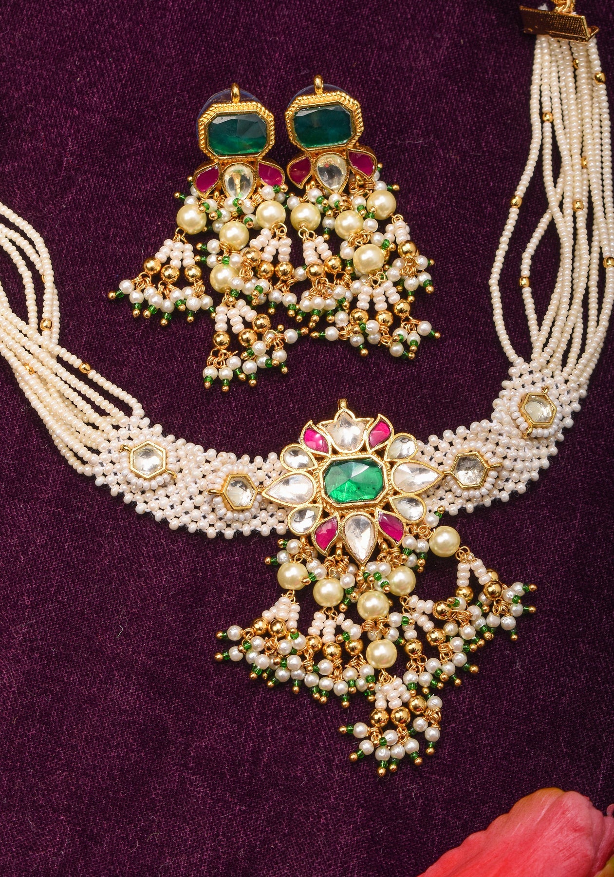 Ornate Jadau Floral Pendant on Multistrand Necklace Set with Dangling pearls