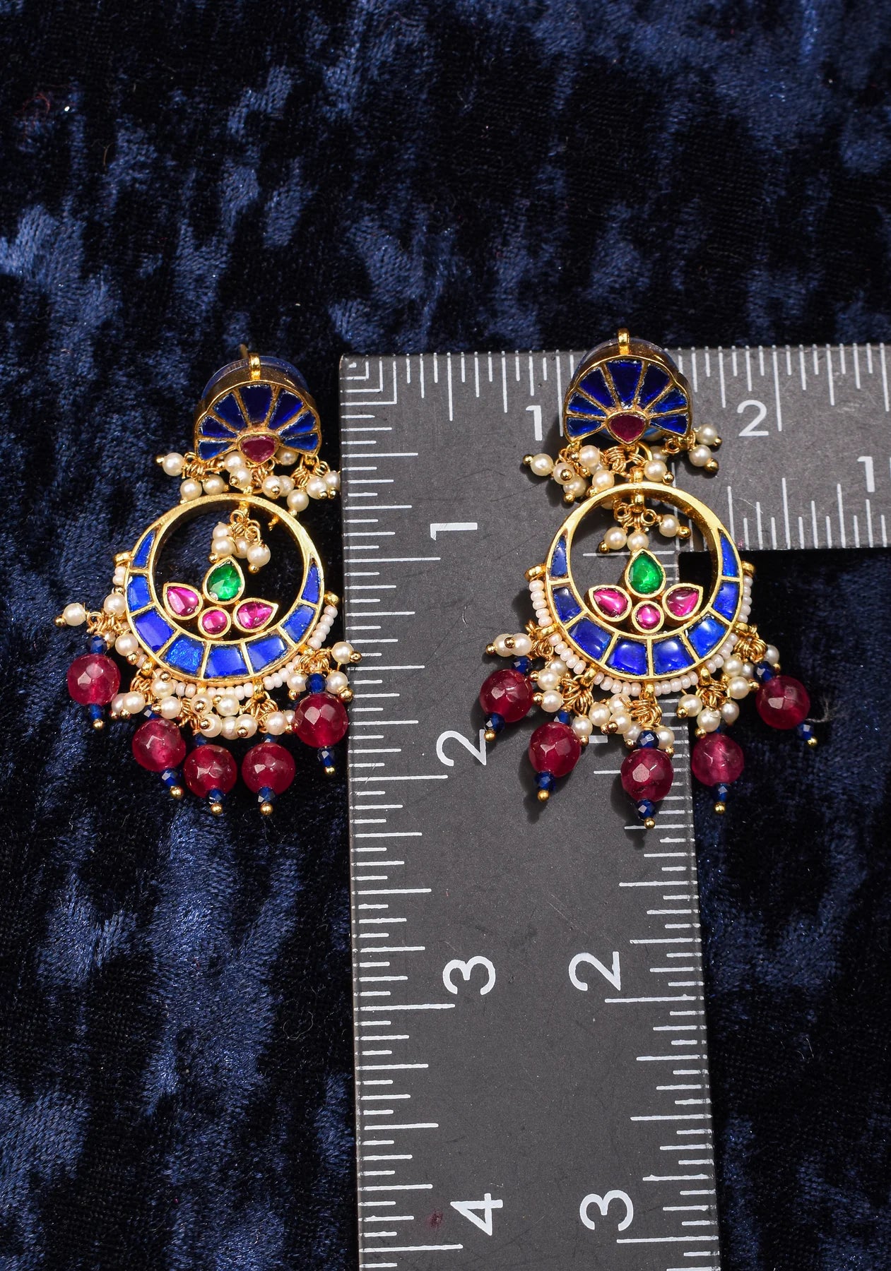 2.2" Unique Blue Stone Jadau Chandbali Earrings with Pink Fuchsia Stones