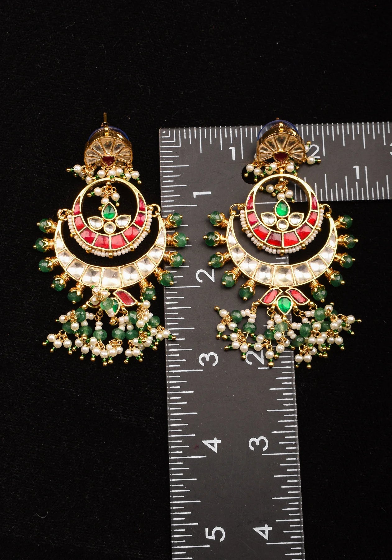 Chandbali Earrings with Red, White and Green Stones embedded in Jadau technique and dangling beads