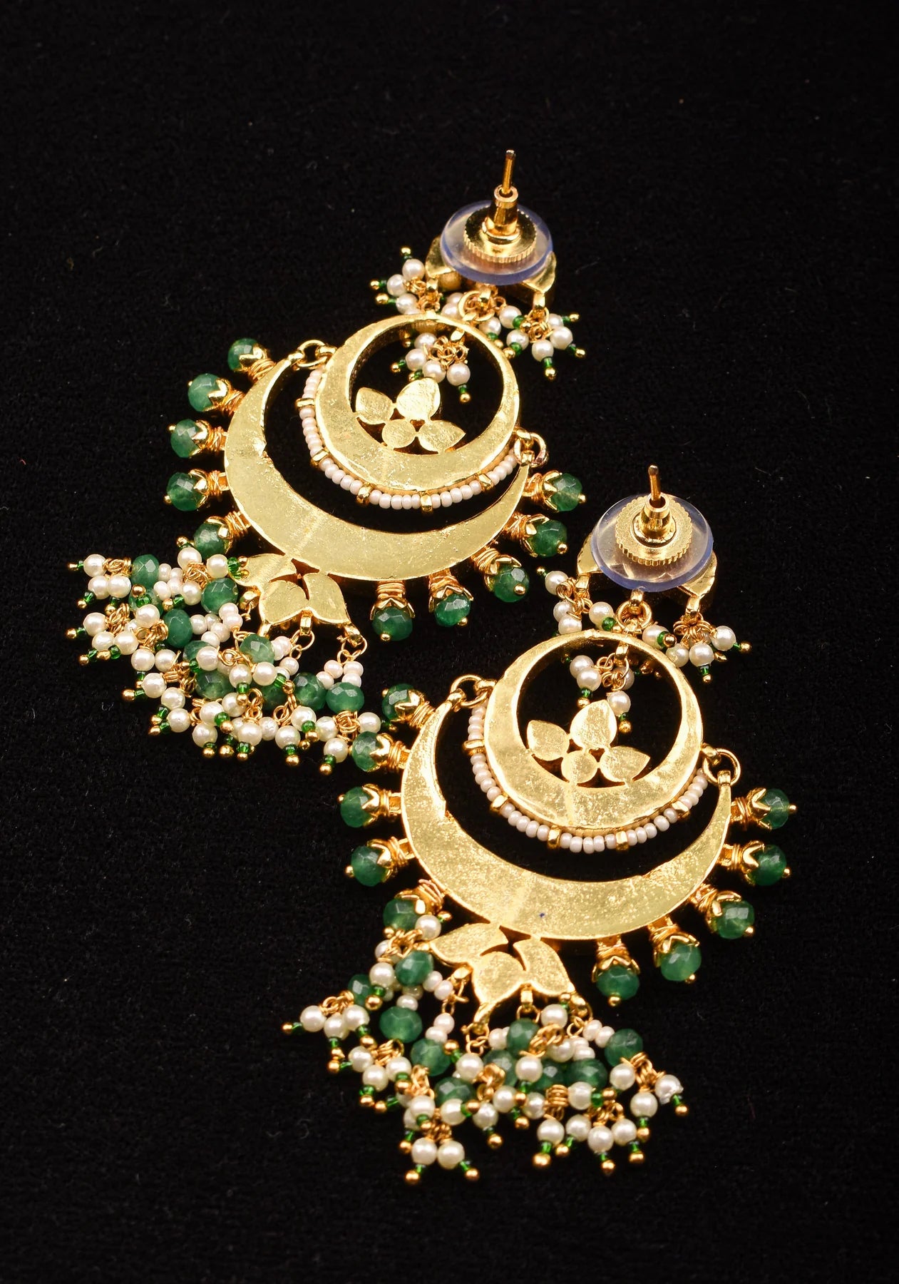 Chandbali Earrings with Red, White and Green Stones embedded in Jadau technique and dangling beads