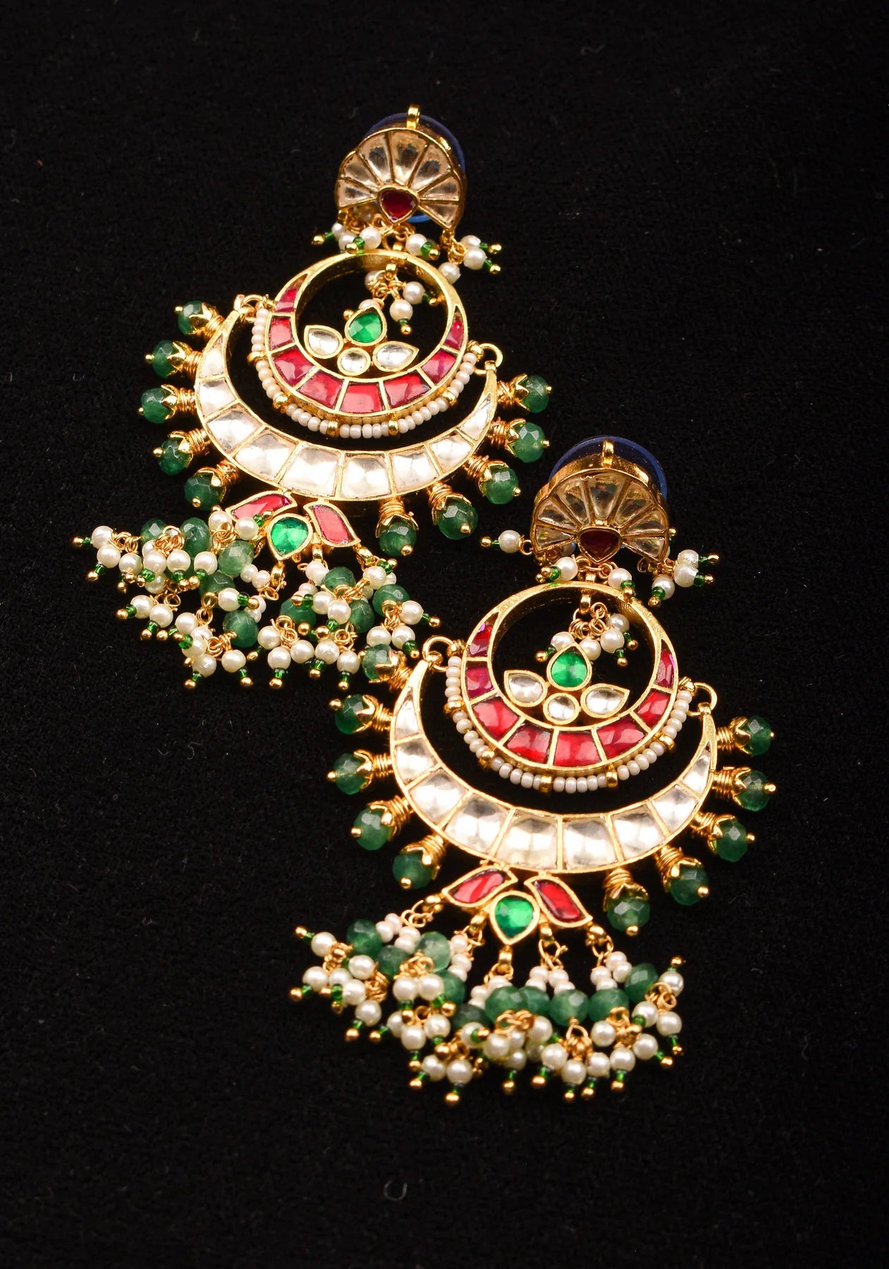 Chandbali Earrings with Red, White and Green Stones embedded in Jadau technique and dangling beads